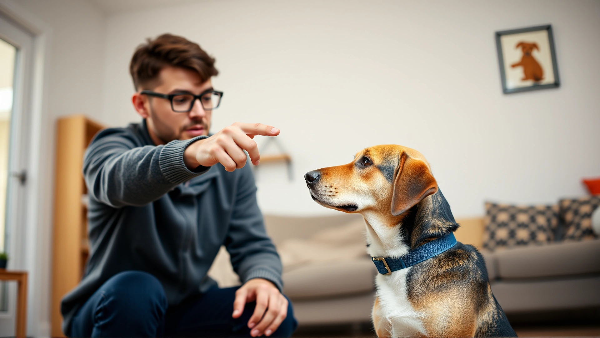 Owner pointing a finger while a dog sits attentively during a training session indoors.