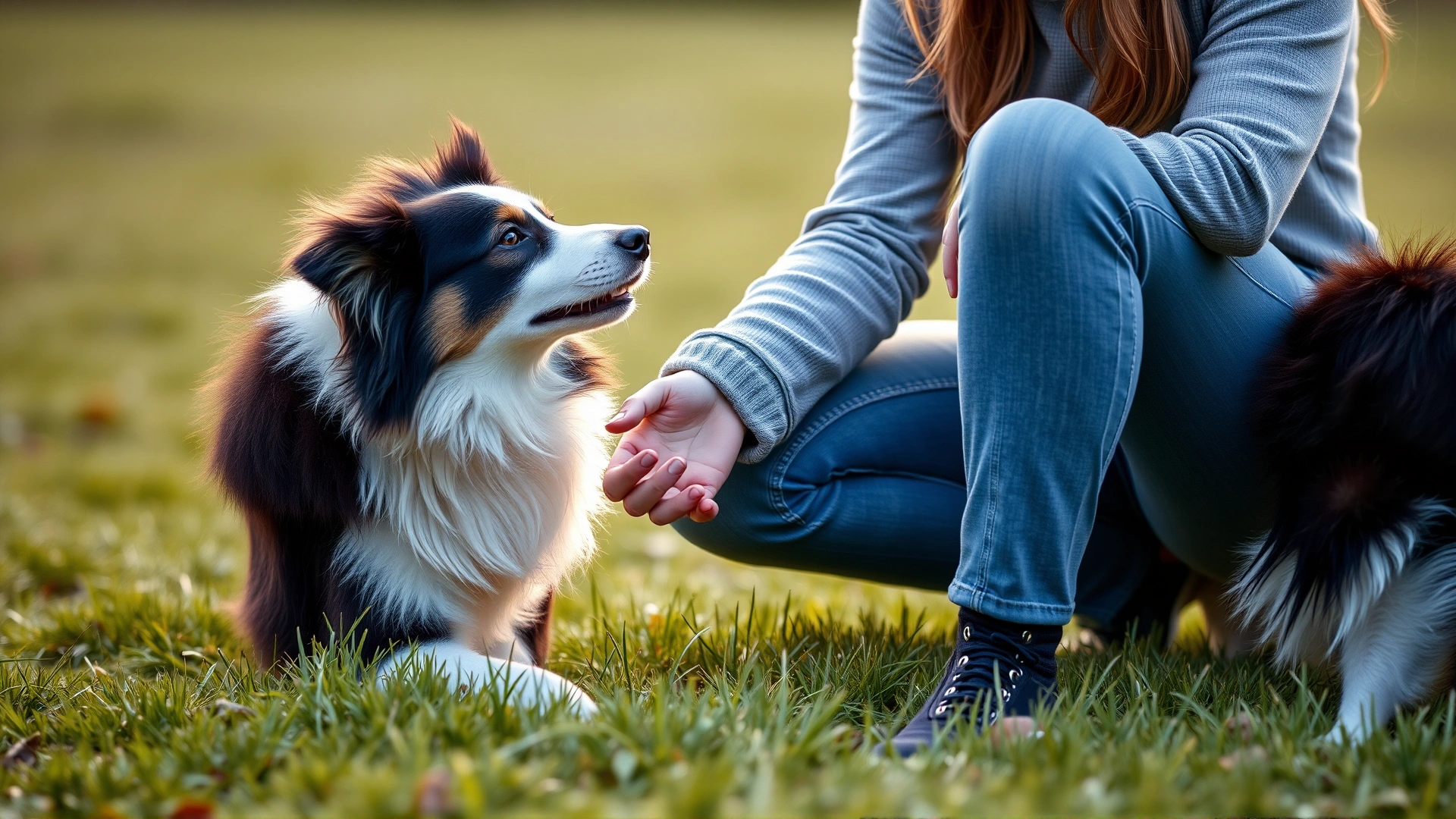 Close-up of a young woman kneeling on grass teaching her Border Collie to shake hands, with soft natural light, candid style.