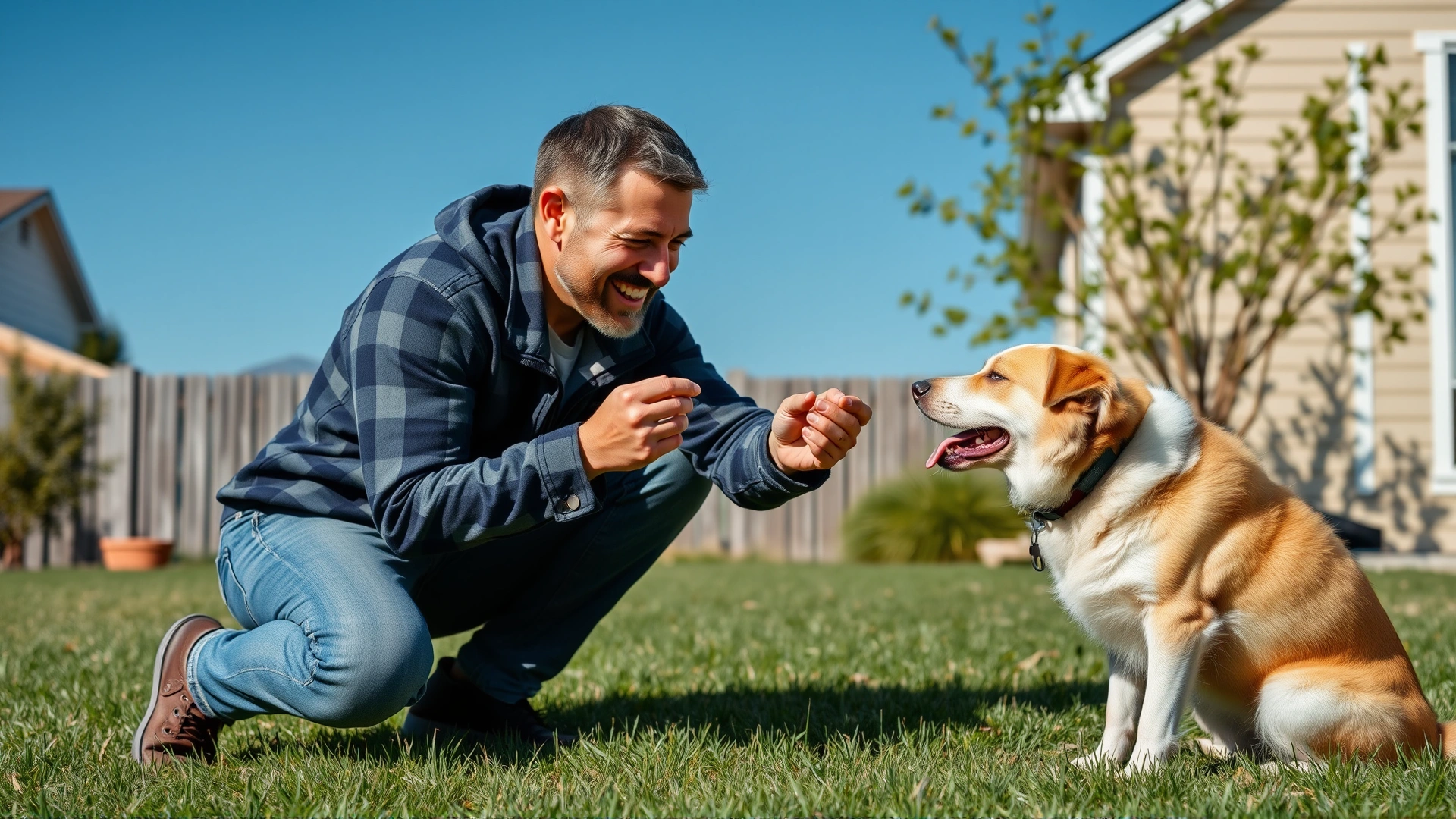 Owner crouching to give a treat to a dog that has just finished pooping in designated spot in the yard, happy expressions, sunny day