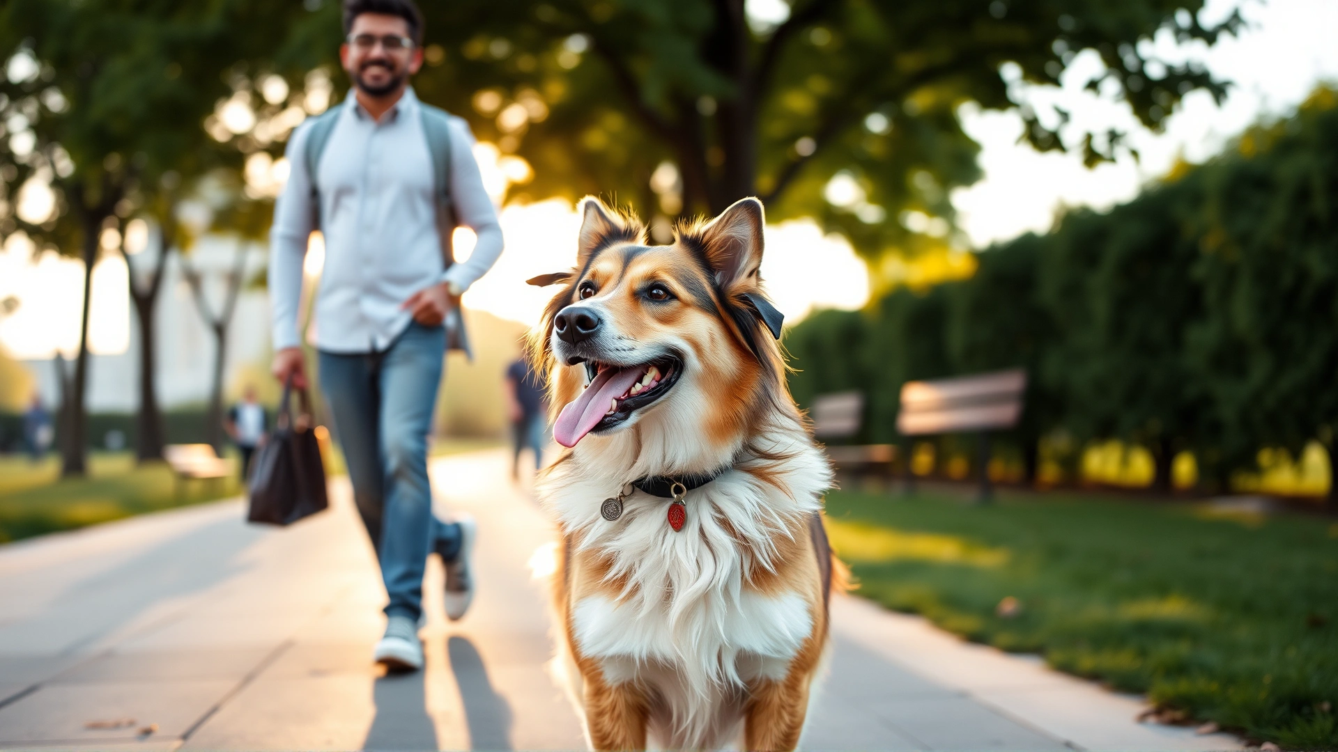 Owner and medium-sized dog walking side by side in a city park, early morning light, both in sync and smiling, shallow depth of field