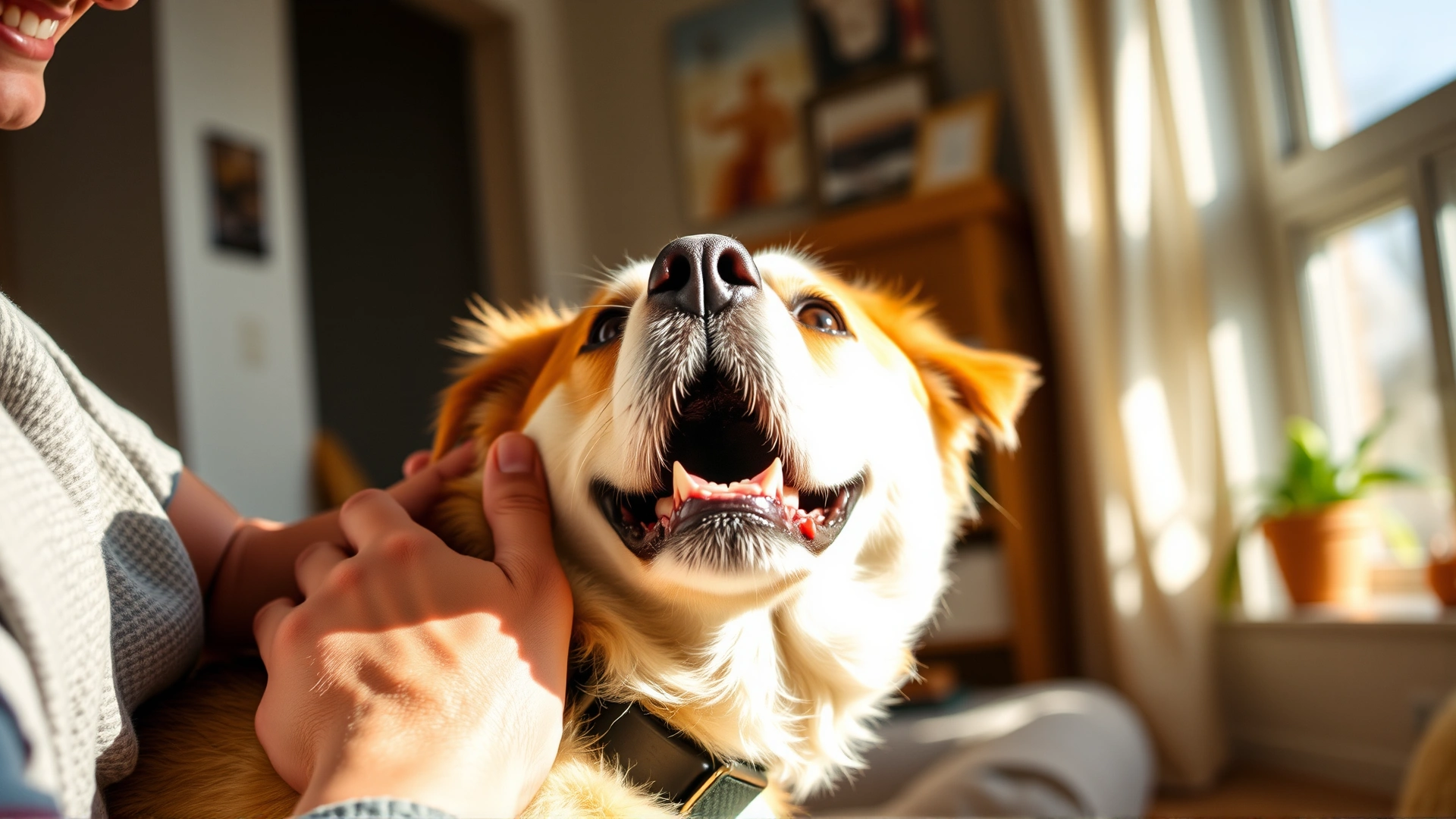 Indoor scene of a relaxed dog looking up at its smiling owner who is petting it, warm natural light emphasizing the bond