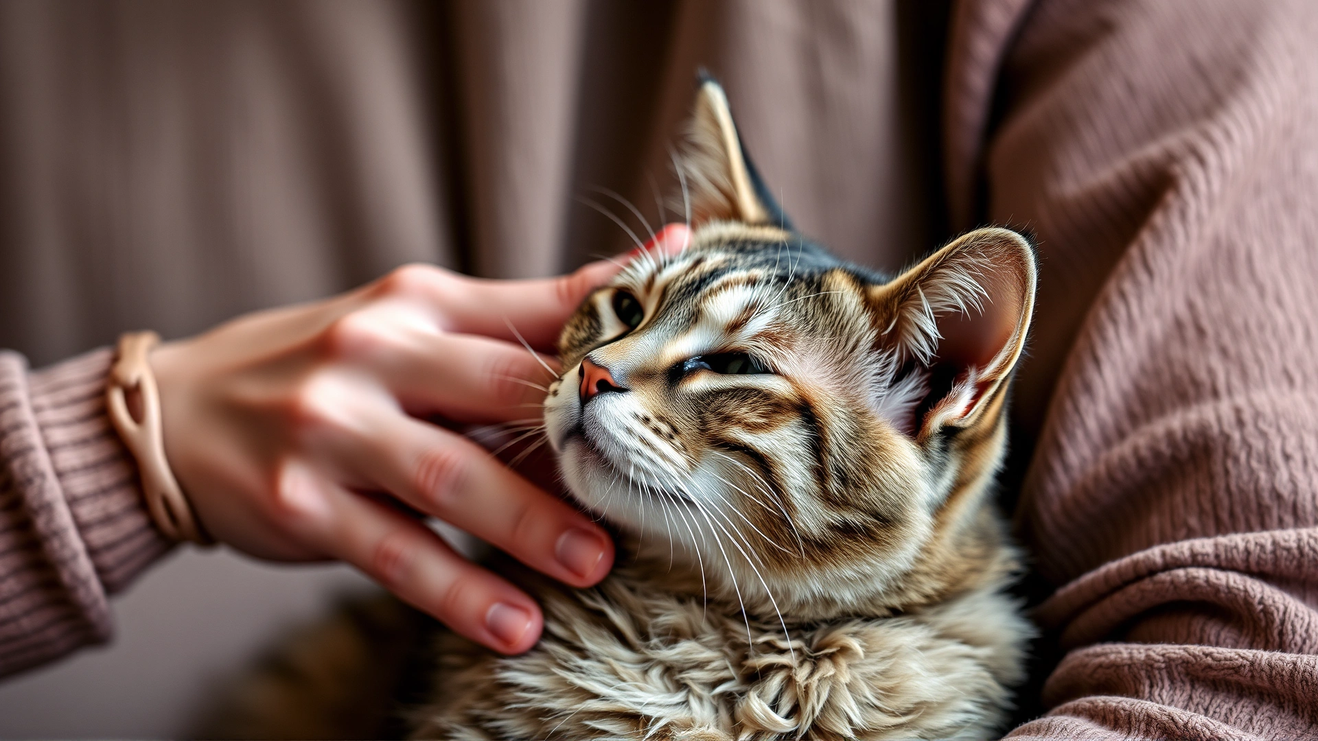 A touching moment of a pet owner softly petting an elderly cat, symbolizing farewell and emotional bonding.