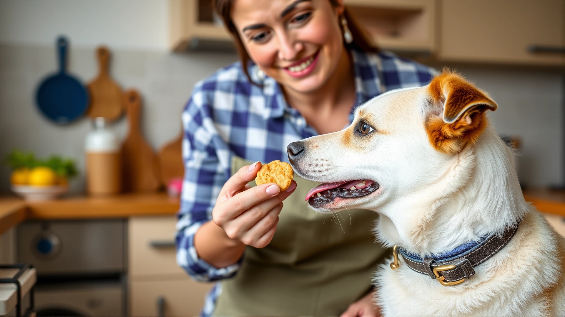 Dog owner offering a small healthy treat to dog in a kitchen, demonstrating controlled rewards.