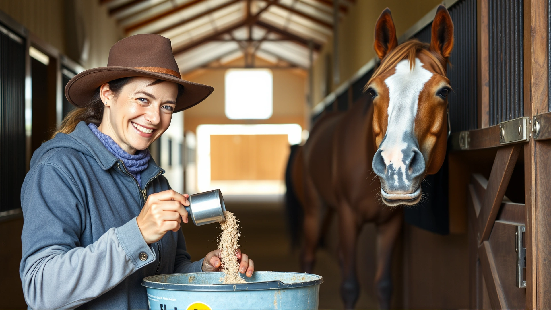 Smiling horse owner scooping powdered supplement into a feed bucket beside a curious horse in a well-lit barn aisle