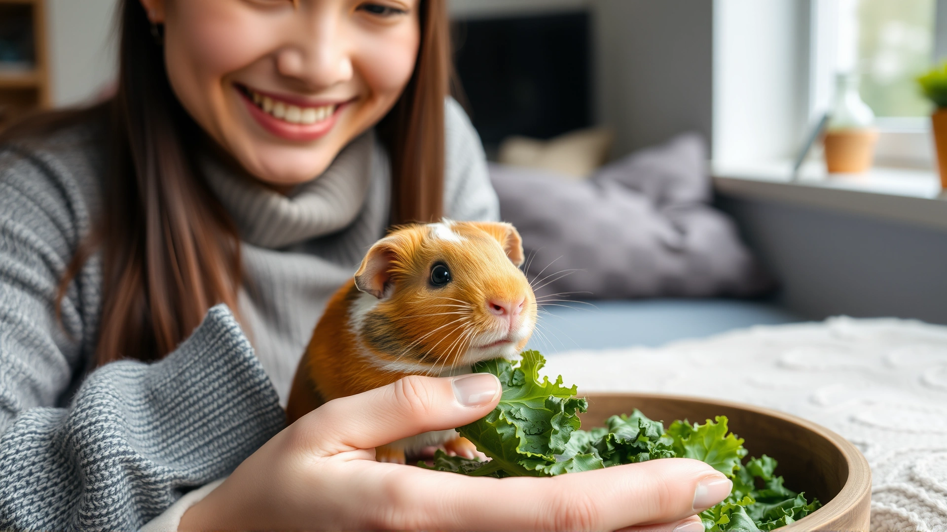 Smiling pet owner hand-feeding a small guinea pig a piece of kale inside a cozy indoor setting