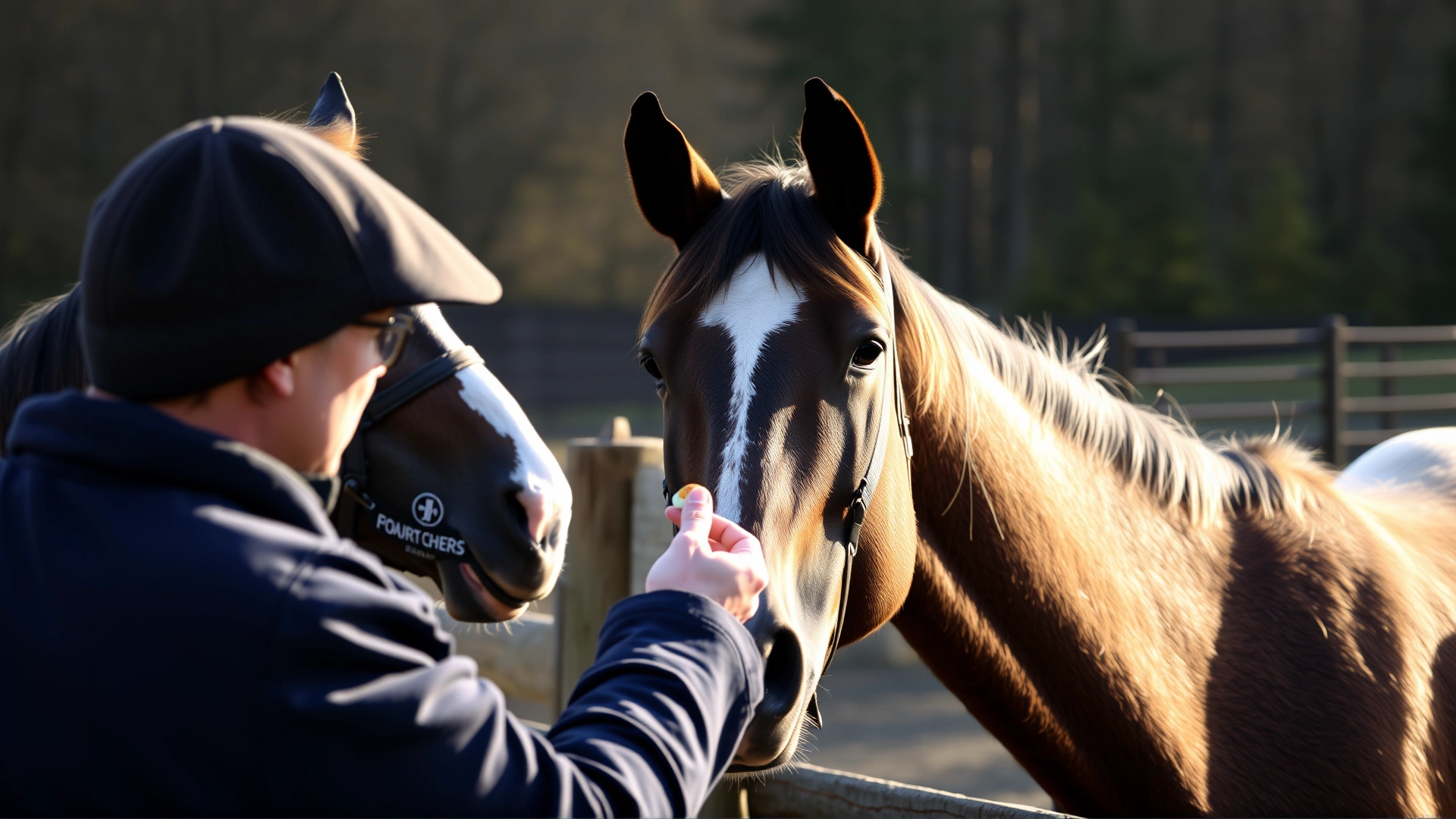 Horse owner offering a small treat containing a pill to a calm horse in a paddock; soft afternoon sunlight.