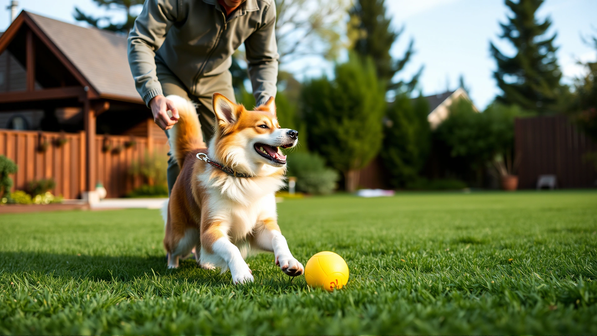 Owner playing fetch with a dog using a bright yellow ball in a green backyard