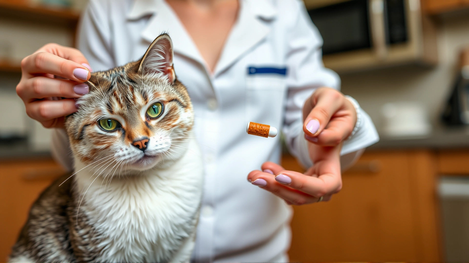 Pet owner giving a small pill wrapped in a treat to a calm cat in a kitchen setting, no text