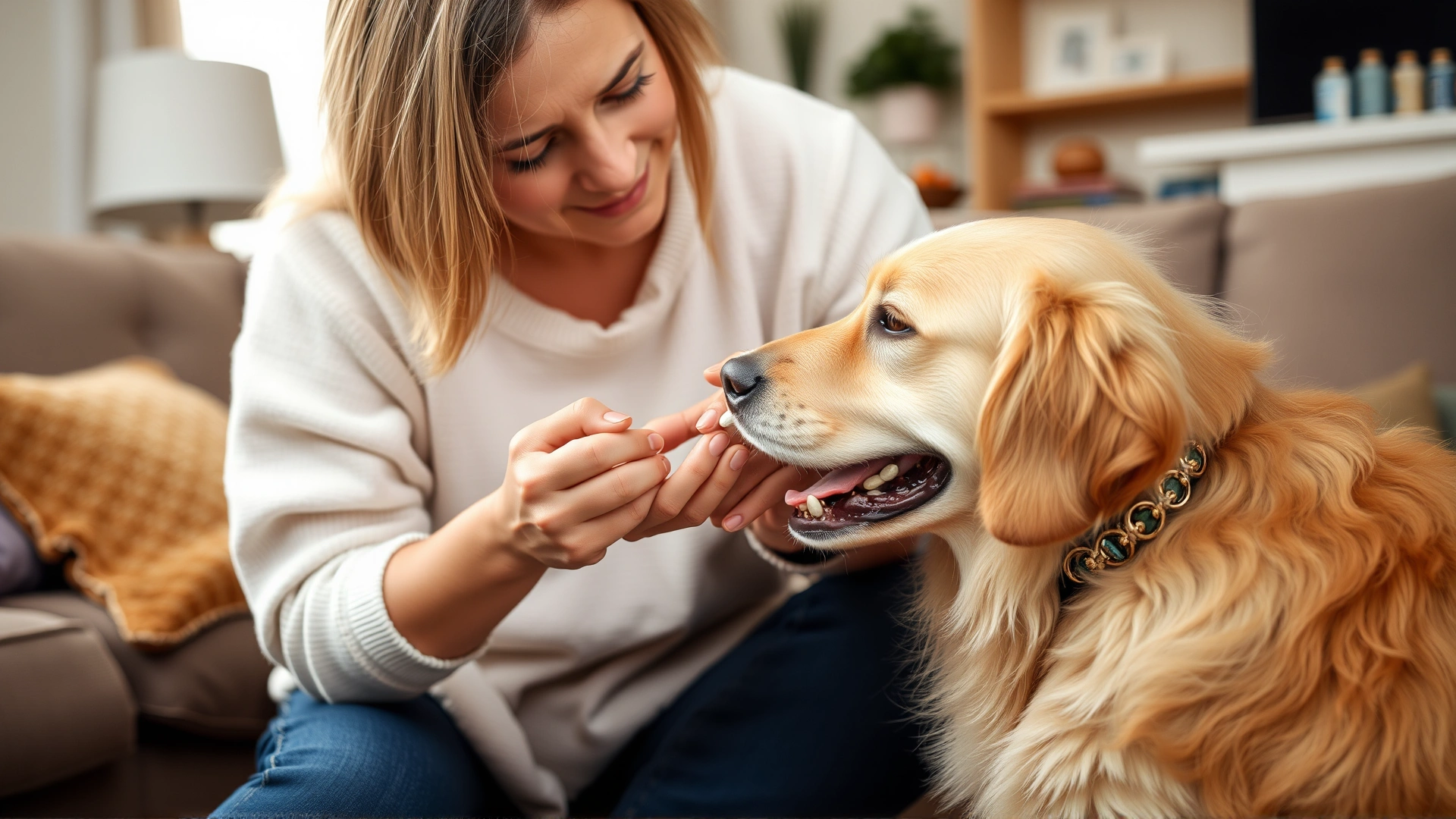 Female pet owner giving a tiny pill to her golden retriever using a pill pocket in a cozy living room.