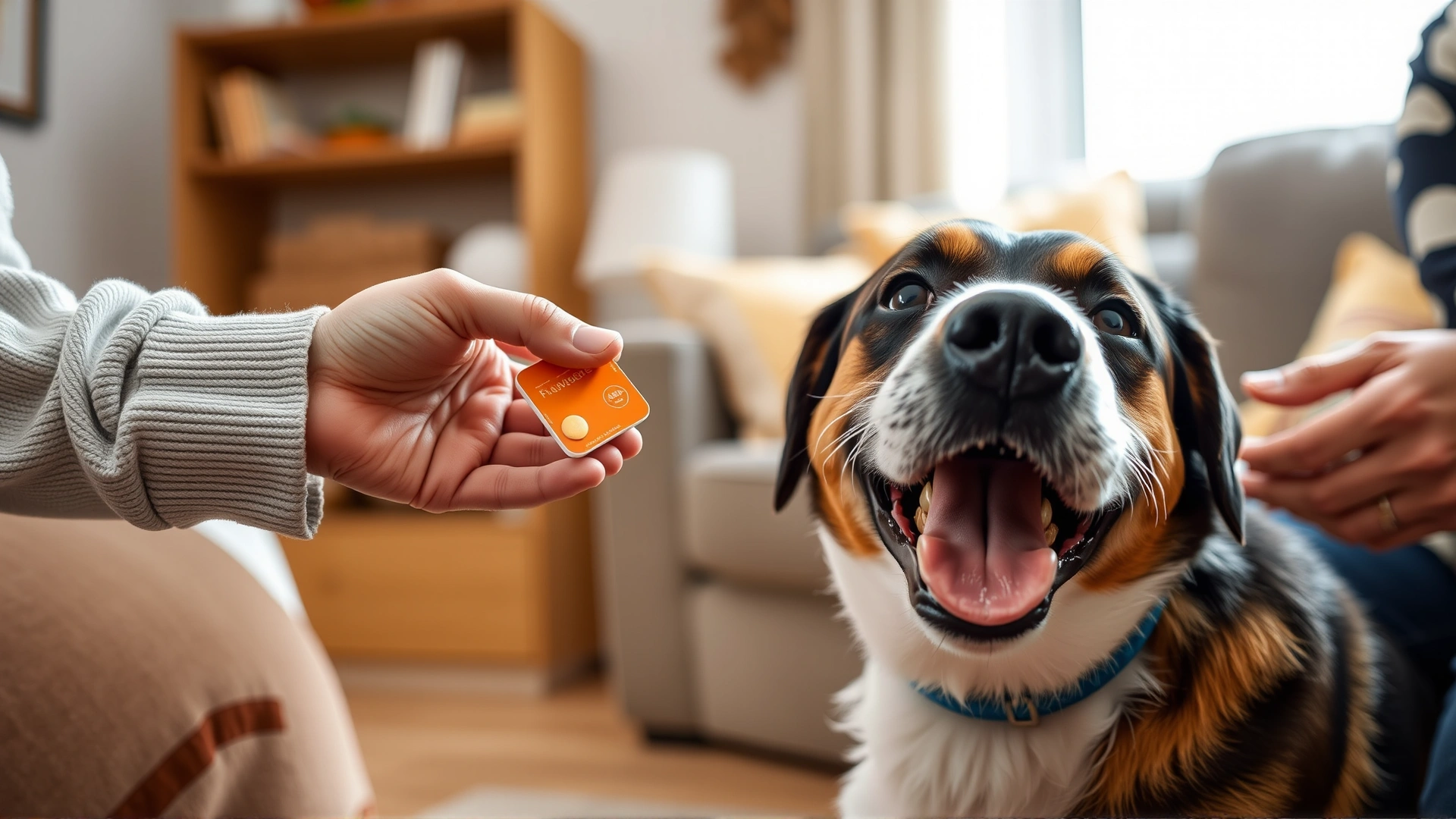 A close-up of a dog owner gently offering a flavored chewable tablet to a happy dog in a cozy living room.