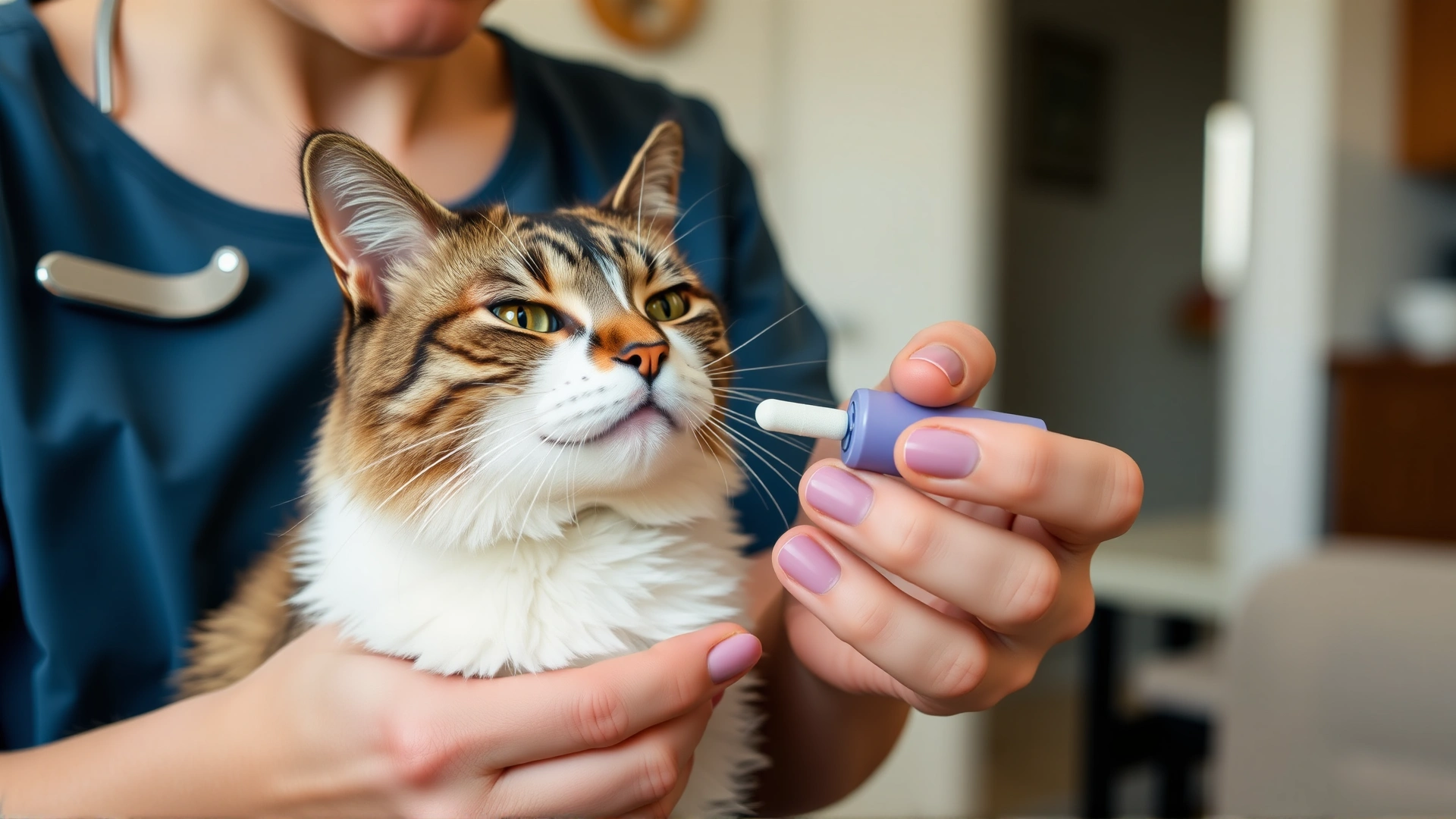 Cat owner giving a pill to her cat using a pill popper at home.