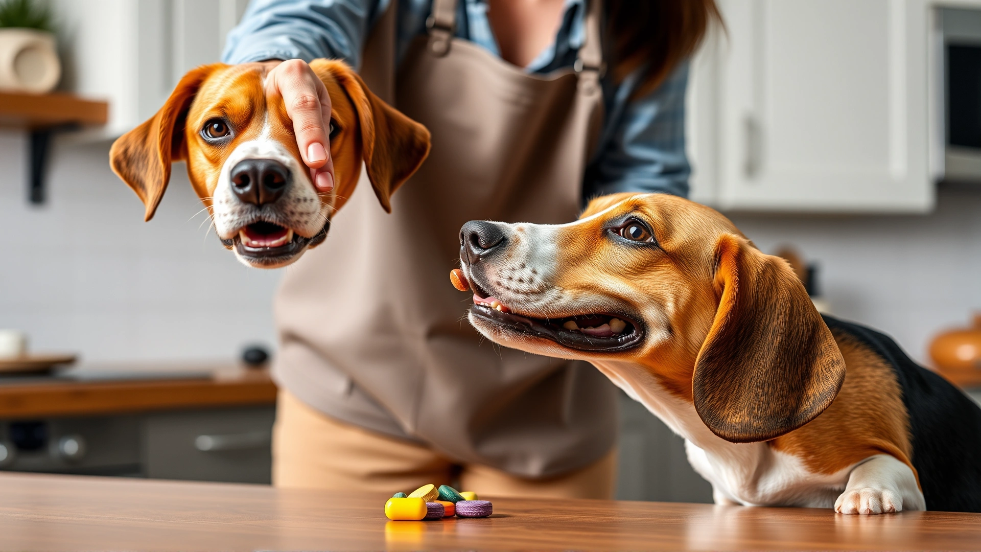 Friendly dog owner offering a flavored chewable tablet to a happy beagle in a kitchen setting