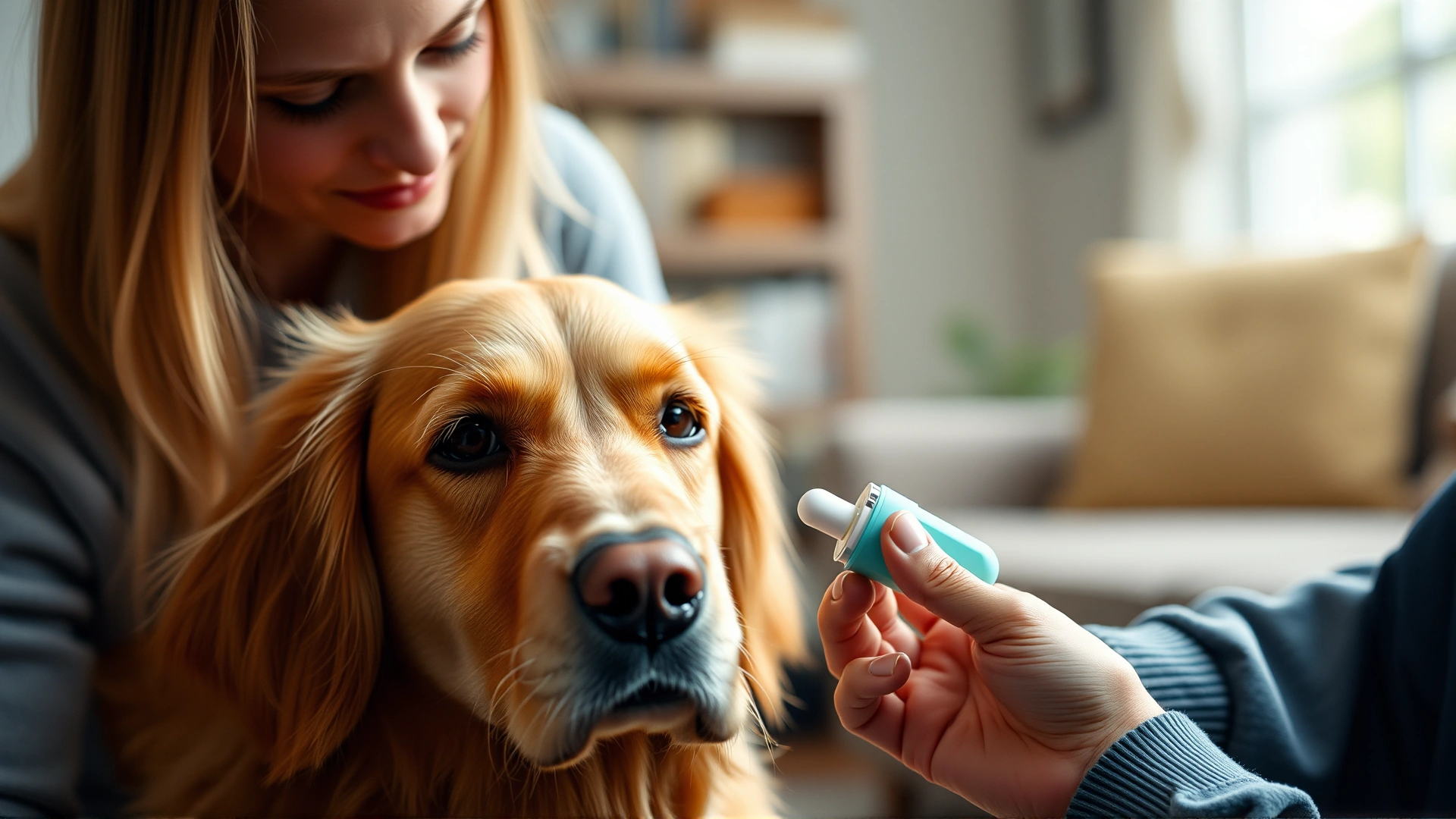 Pet owner gently giving a pill to a golden retriever, using a pill dispenser; cozy home interior; shallow depth of field