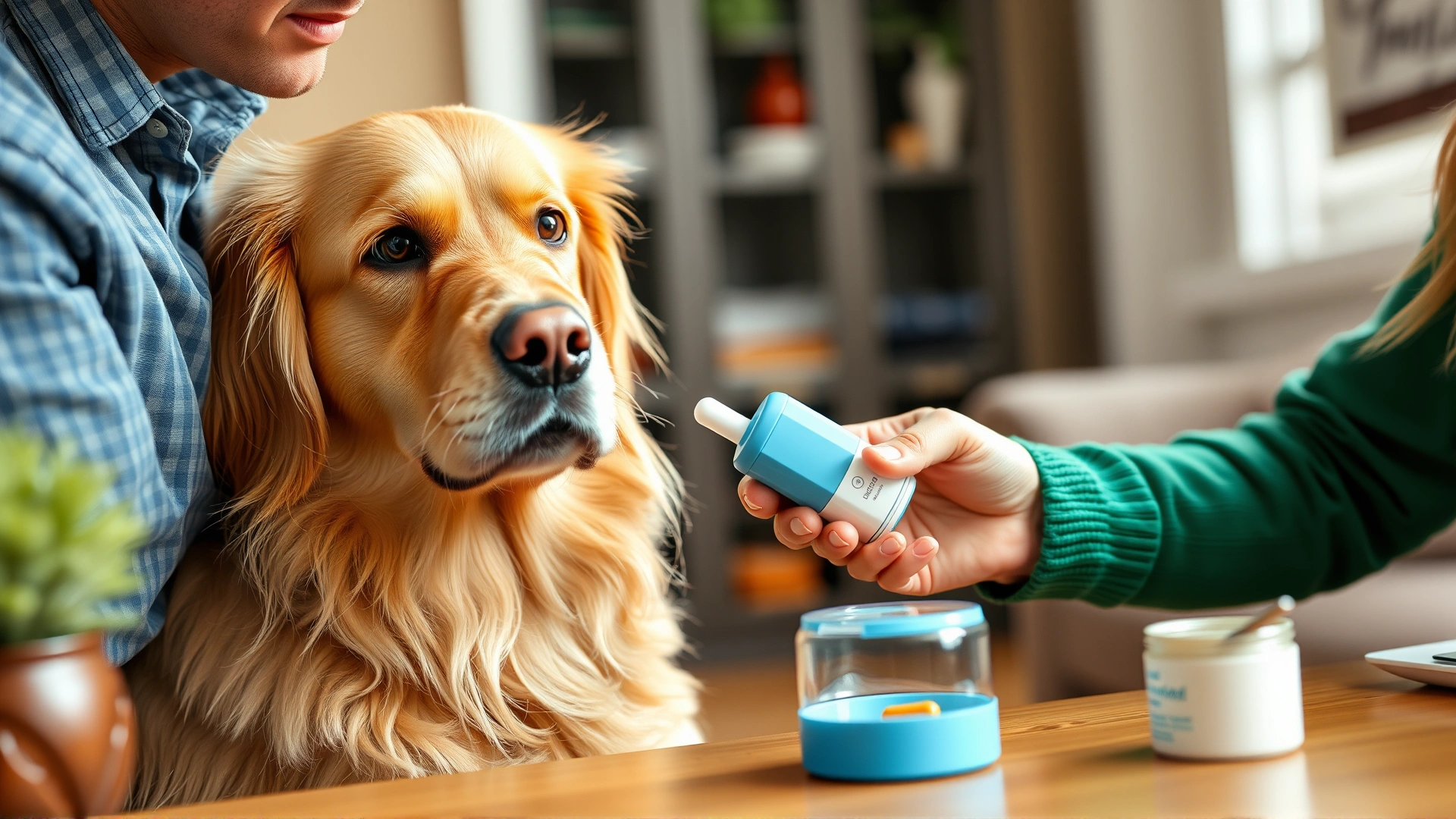 Friendly owner giving a pill to a golden retriever using a pill dispenser at home, showing proper administration