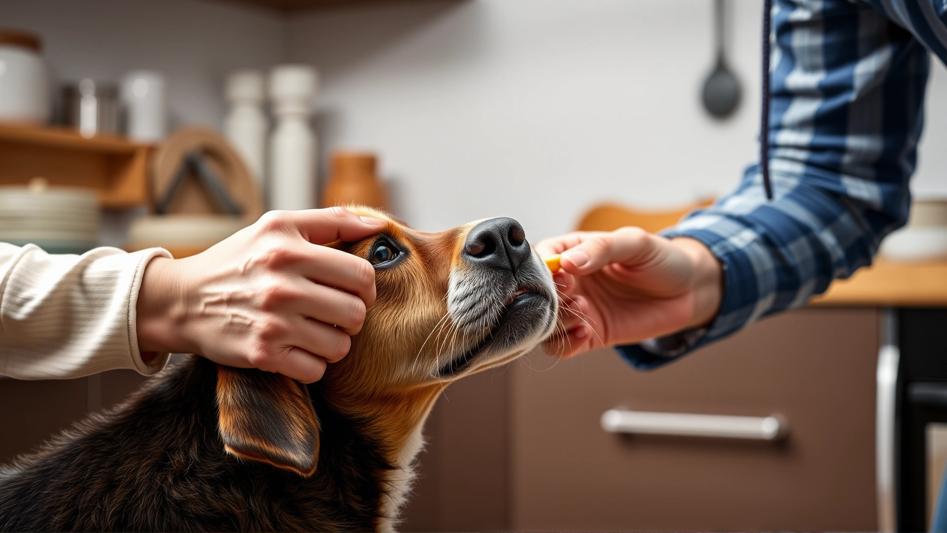 Dog owner gently giving a pill to their dog using a treat, kitchen background