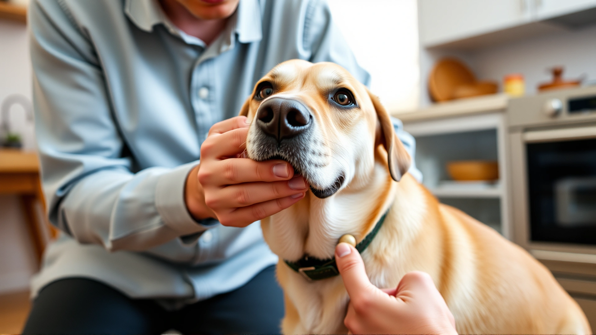 Pet owner gently giving a pill wrapped in a treat to a calm adult dog in a cozy home kitchen