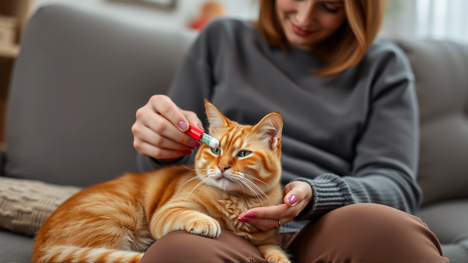 Cat owner sitting on a sofa giving a pill to a calm ginger cat using a pill popper, cozy home environment.