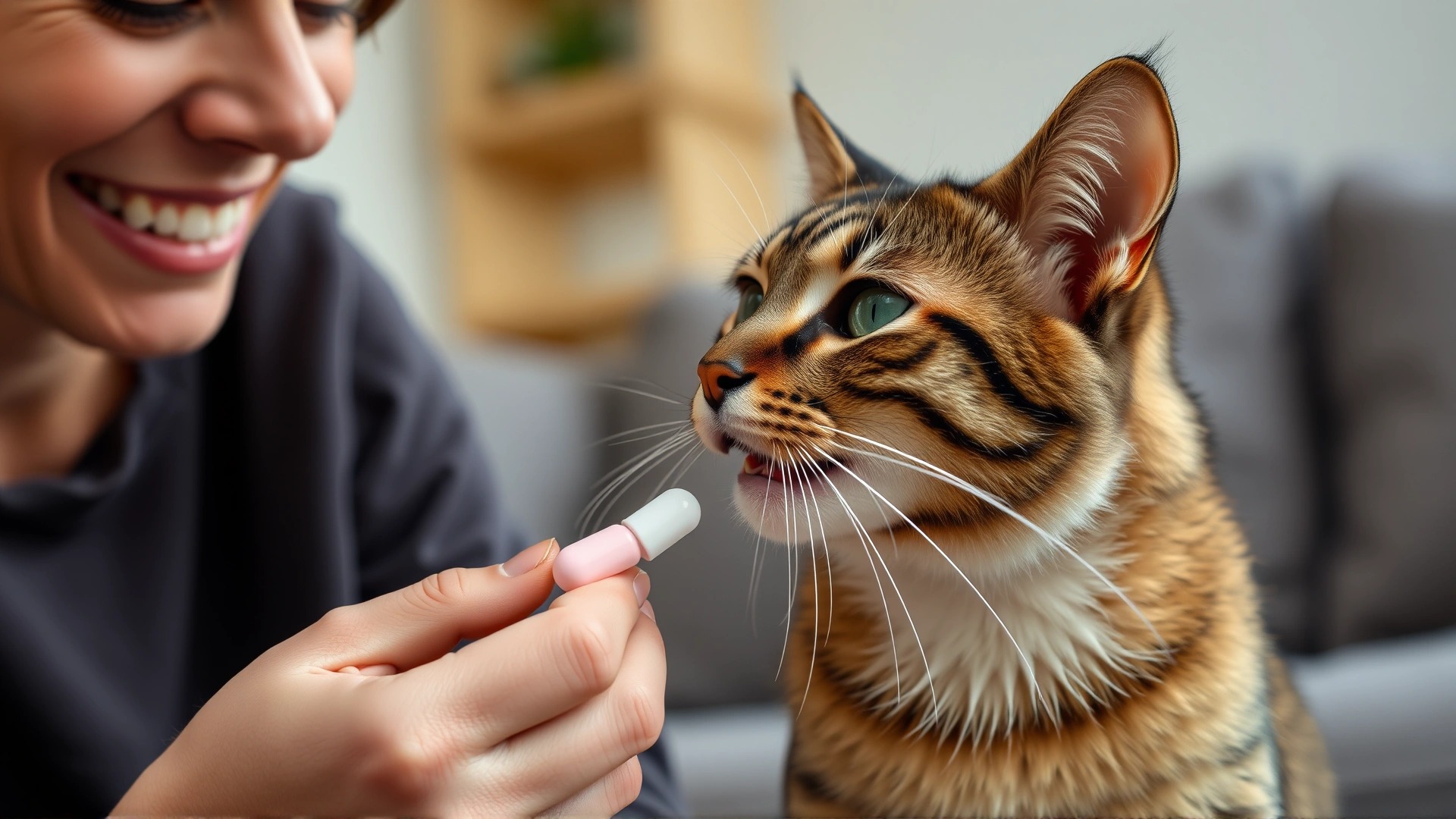 Smiling pet owner giving a small pill to a tabby cat using a pill popper, living room background, no text