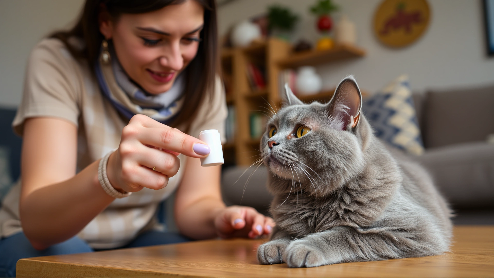 Pet owner giving a pill to a calm grey cat using a pill popper, cozy living room background