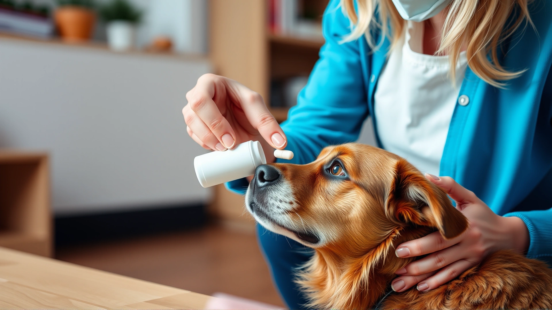 Pet owner gently giving a pill to a medium-sized dog using a pill dispenser at home.