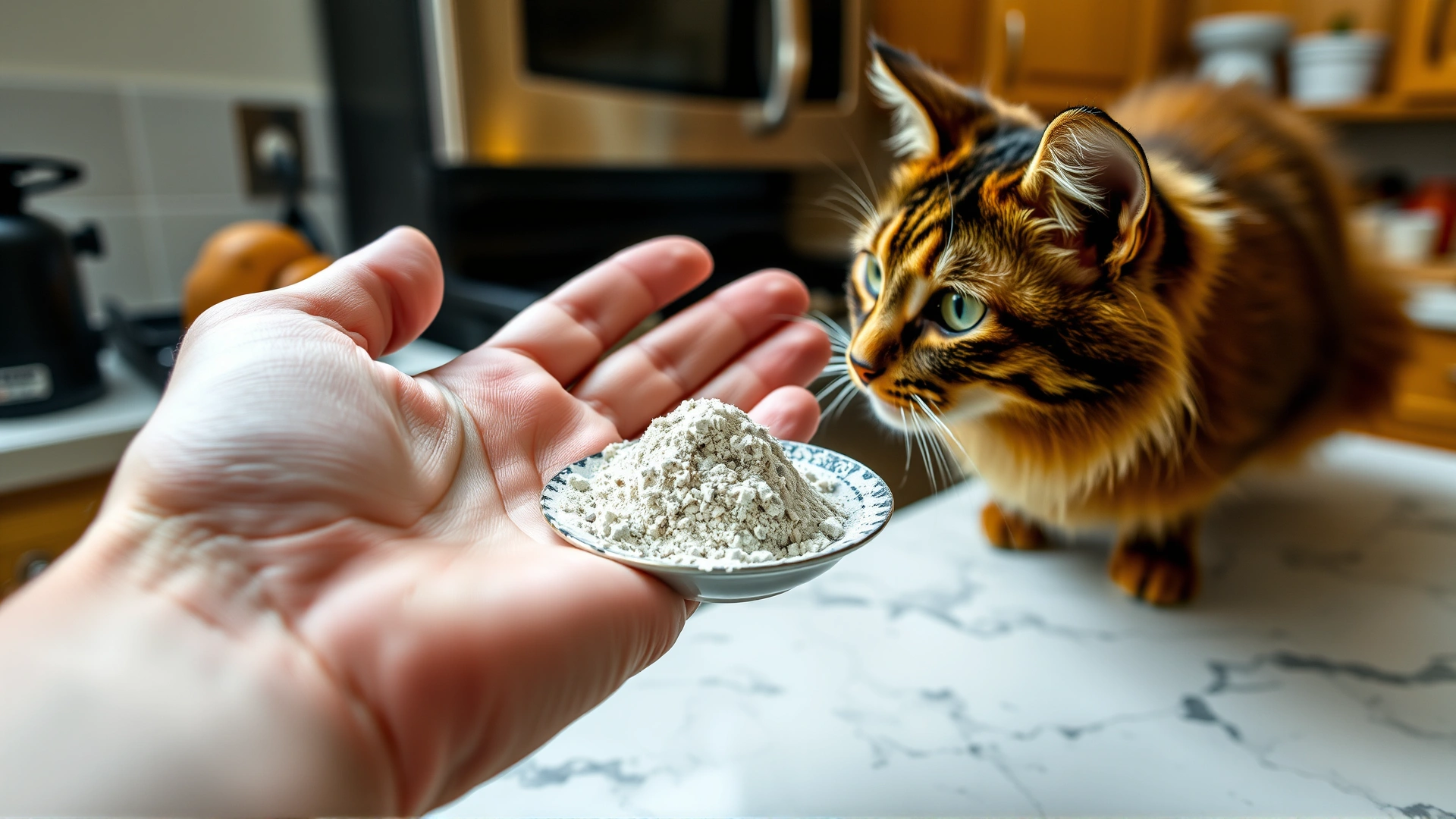 Human hand offering a small pile of powdered silver vine on a dish to a curious cat, kitchen countertop setting.