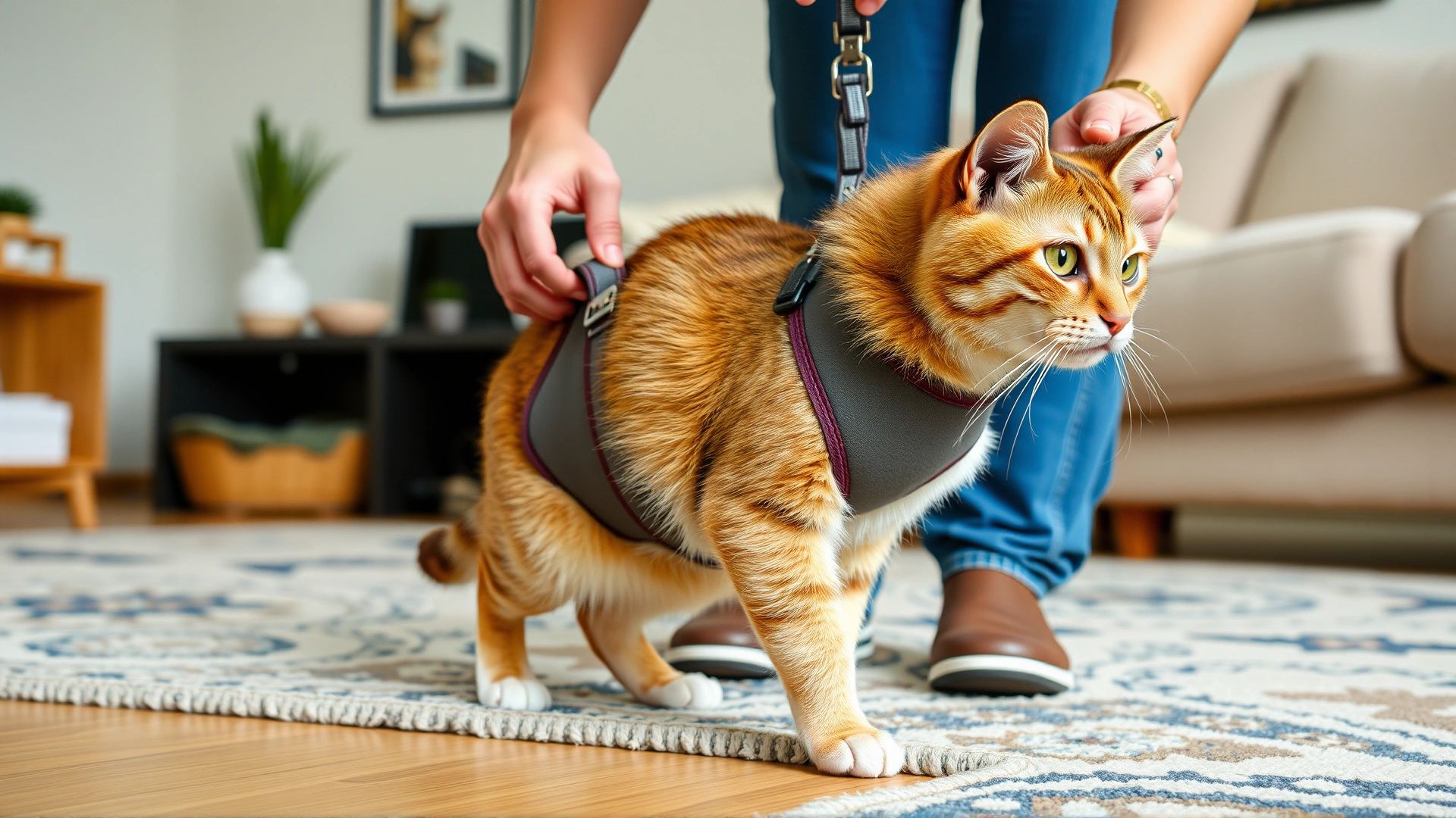 Photo of a cat owner using a soft sling harness to support their cat’s hindquarters while helping it walk across a living room rug