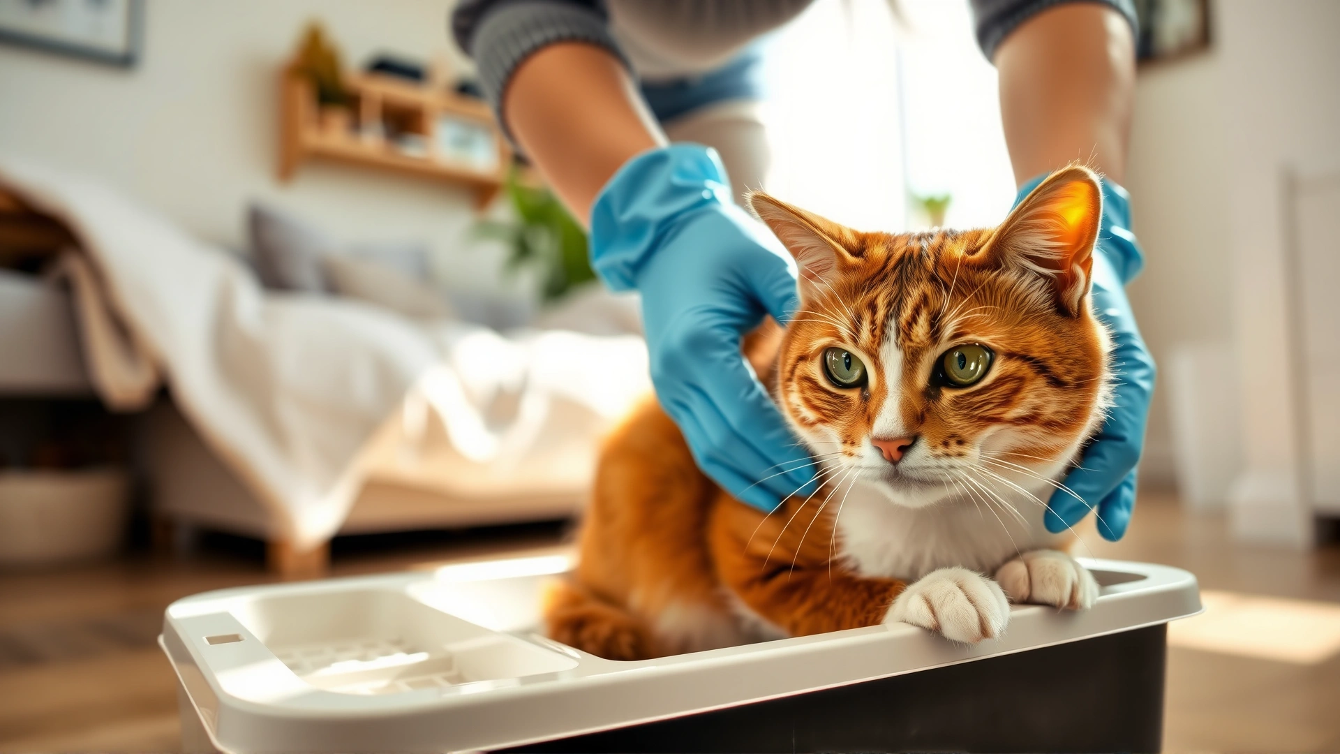 Photo of a cat owner wearing latex gloves while cleaning a litter box in a bright home environment, emphasizing hygiene practices