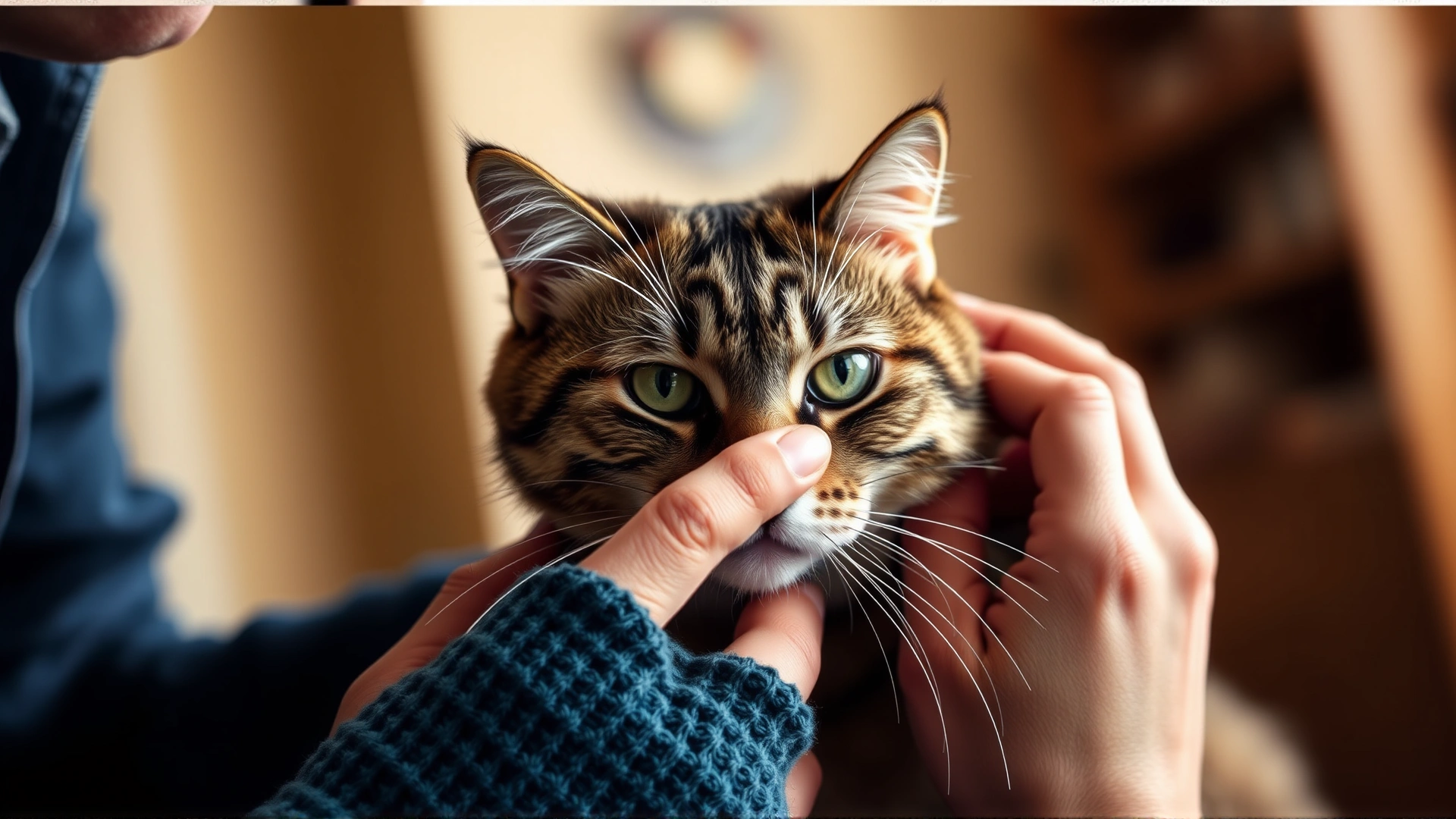 Pet owner parting a cat's fur with fingers to inspect for ticks, indoor setting with warm lighting, emphasis on careful examination