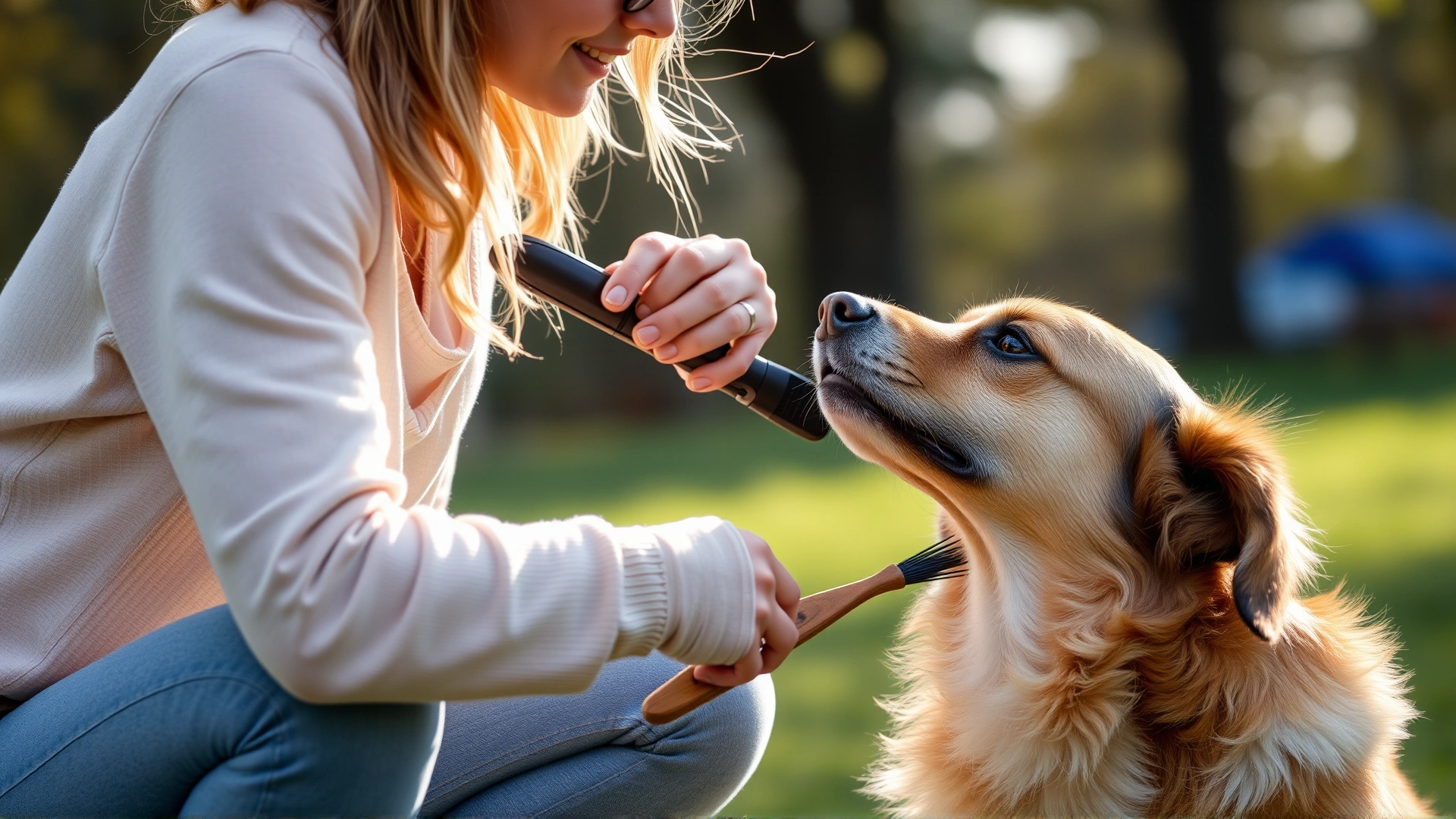 Woman brushing her dog outdoors while carefully inspecting for ticks, soft daylight