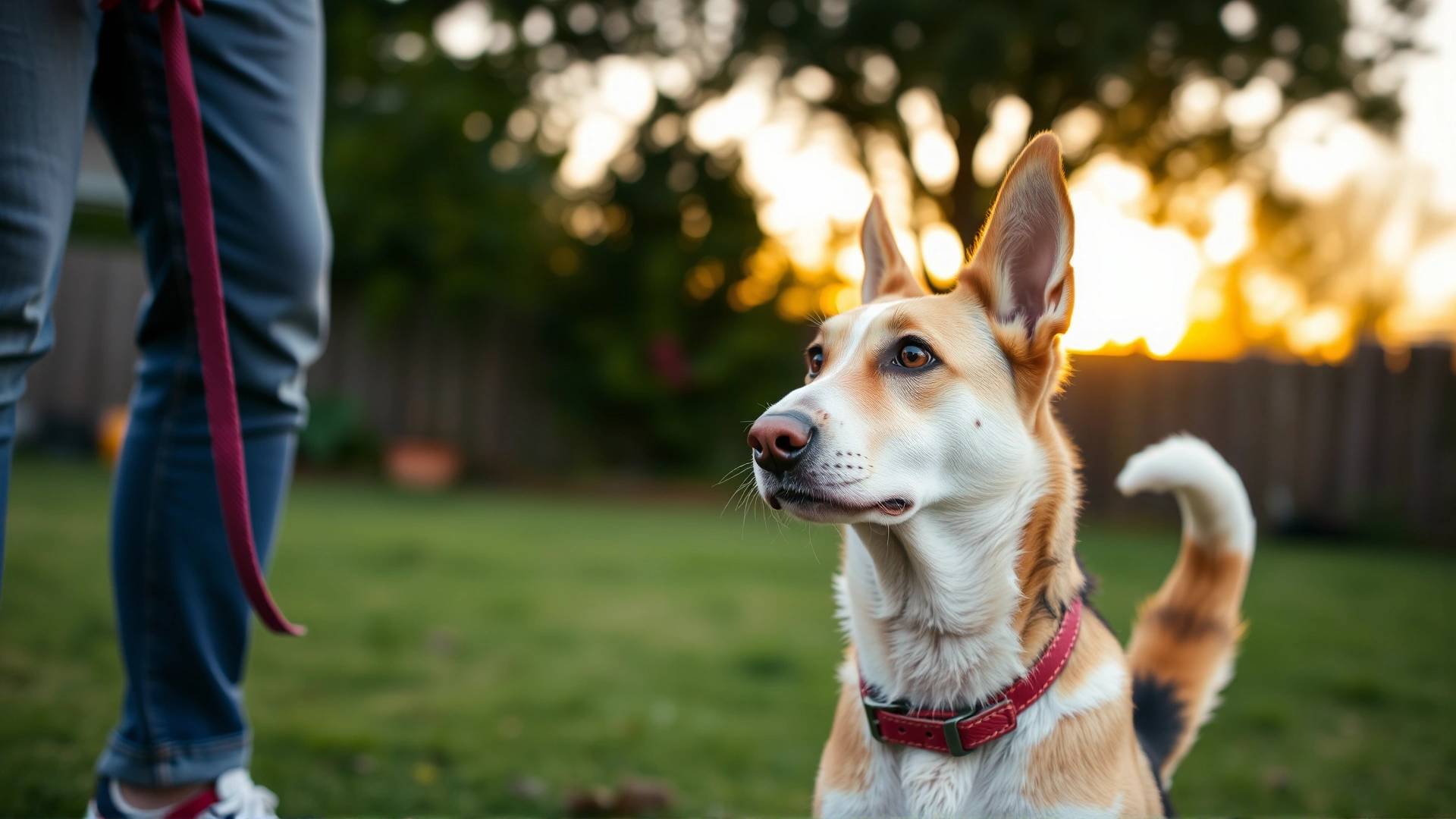 Dog making gentle eye contact with its owner while wagging tail lightly during a backyard training session at sunset