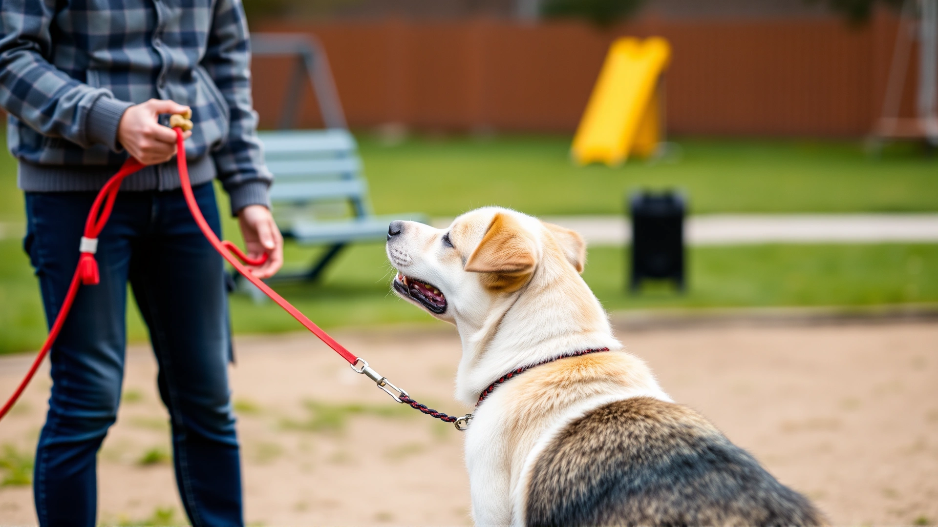 Dog owner calmly calling back their dog with treats in hand, leash visible, in a dog park setting