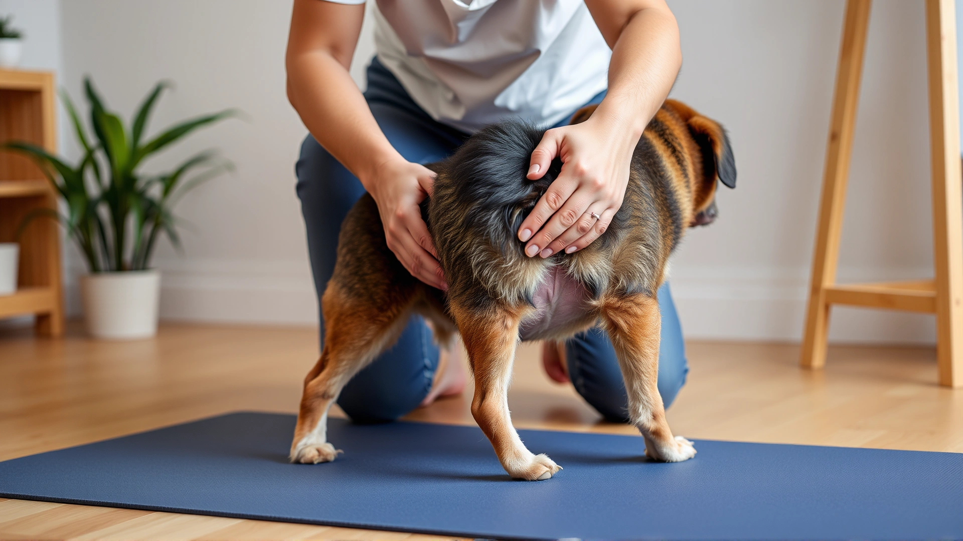 Indoor scene of an owner gently massaging a dog’s hind legs on a yoga mat.