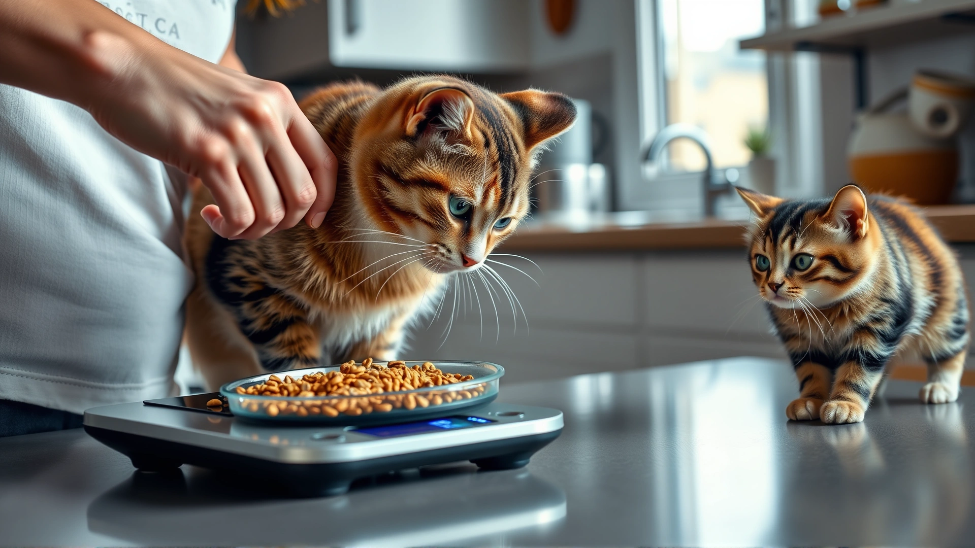 Cat owner measuring dry cat food on a digital kitchen scale while curious cat watches, indoor scene, no text