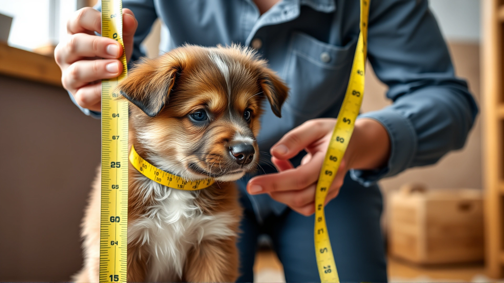 Dog owner gently measuring the height of a medium-sized puppy with a measuring tape at home, cozy environment, natural light