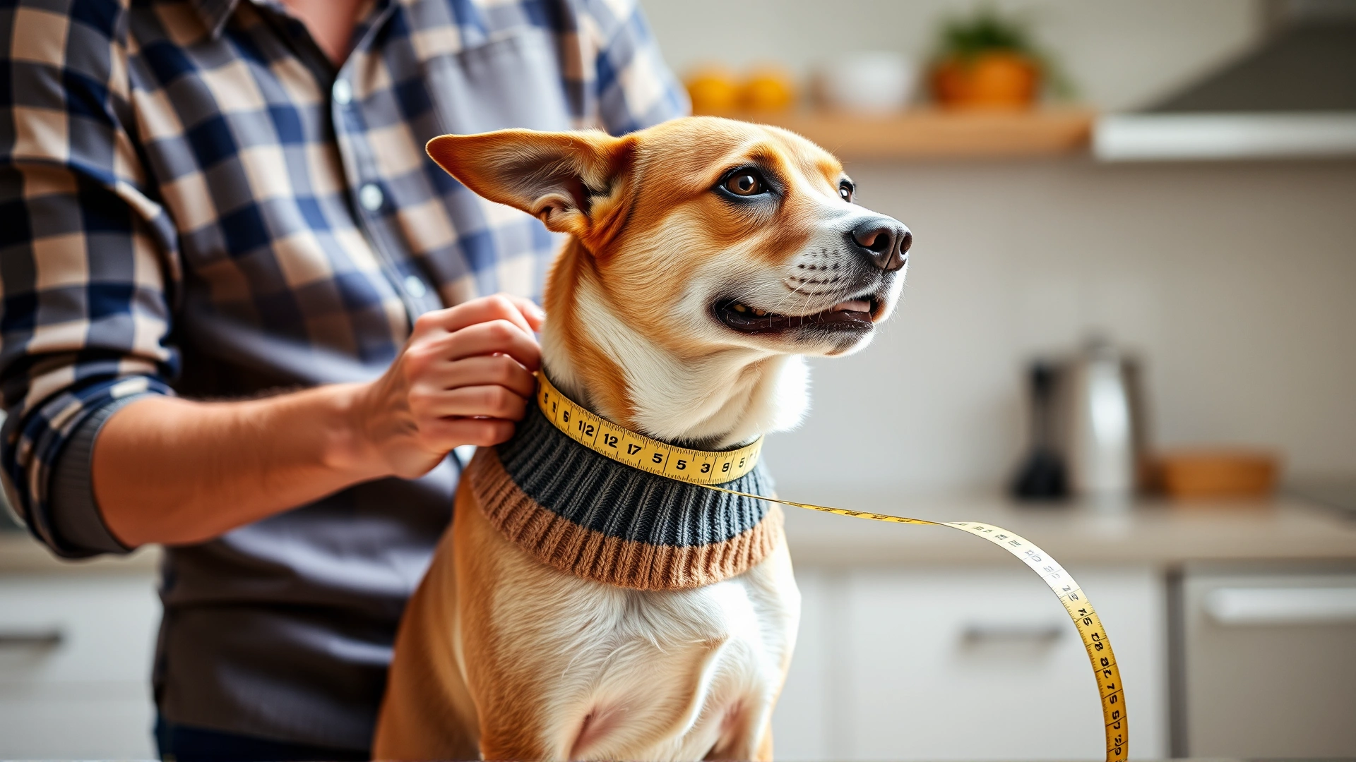 Owner gently wrapping a measuring tape around a medium-sized dog's chest to determine sweater size, bright kitchen setting