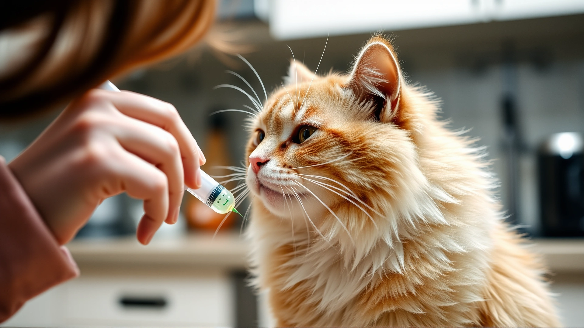 Cat owner gently administering liquid medication with a syringe to a calm cat at home, kitchen background.