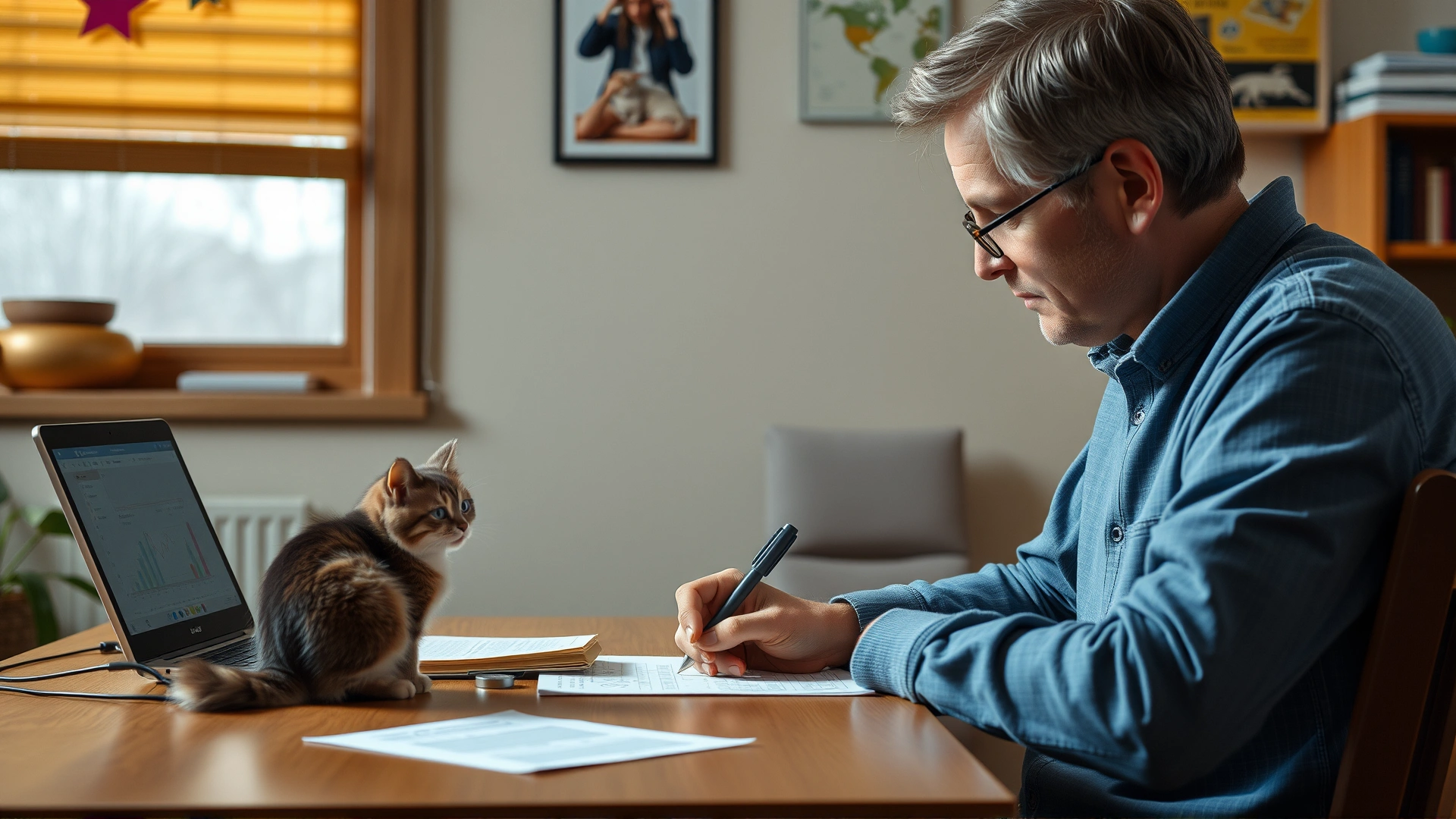 Cat owner sitting at a table writing notes while watching their cat nearby, illustrating home monitoring after illness.