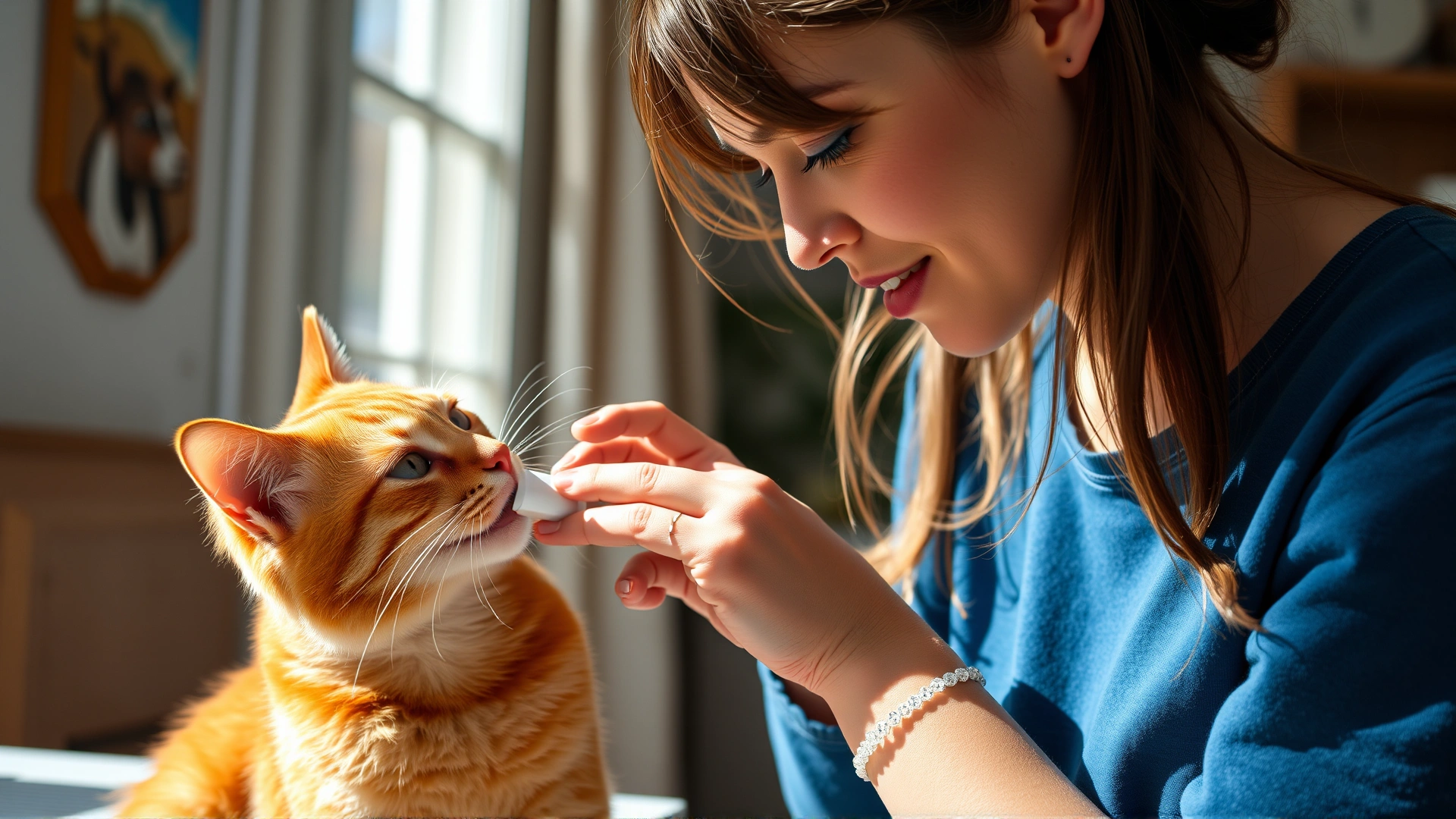 Young woman gently administering oral medicine to a calm ginger cat at home, bright daylight, no text