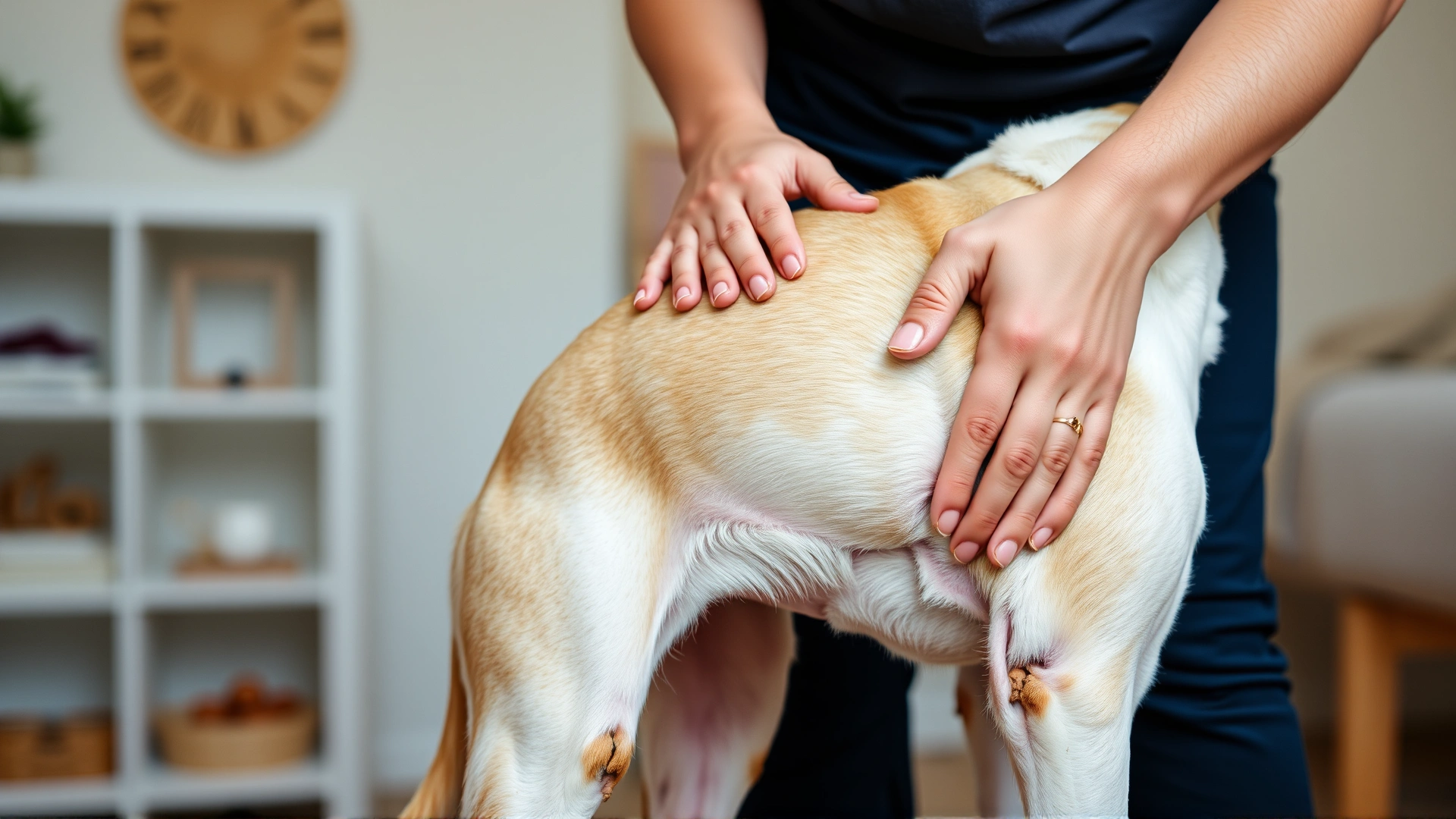 Dog owner at home feeling dog's waist and ribs with hands to assess body condition.