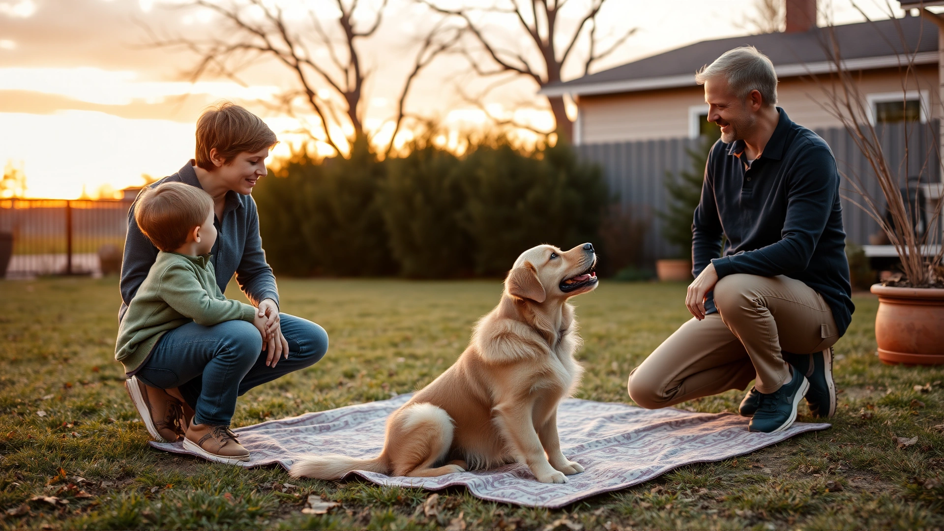 Family with two children practicing sit command with their Golden Retriever in a backyard, warm sunset