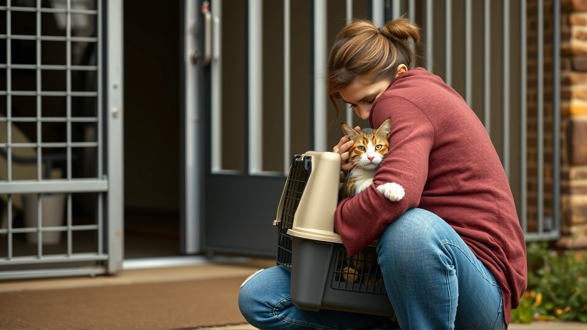 Emotional moment of a pet owner kneeling to hug their cat in a carrier outside a shelter entrance