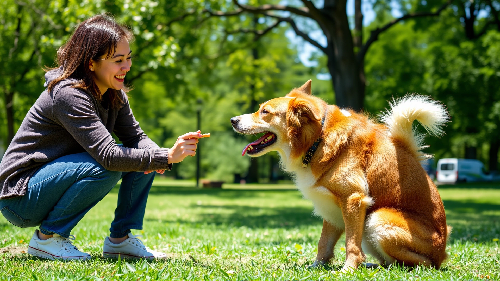 An owner crouching in a sunny park giving a treat to a joyful dog who is wagging its tail, demonstrating positive reinforcement.