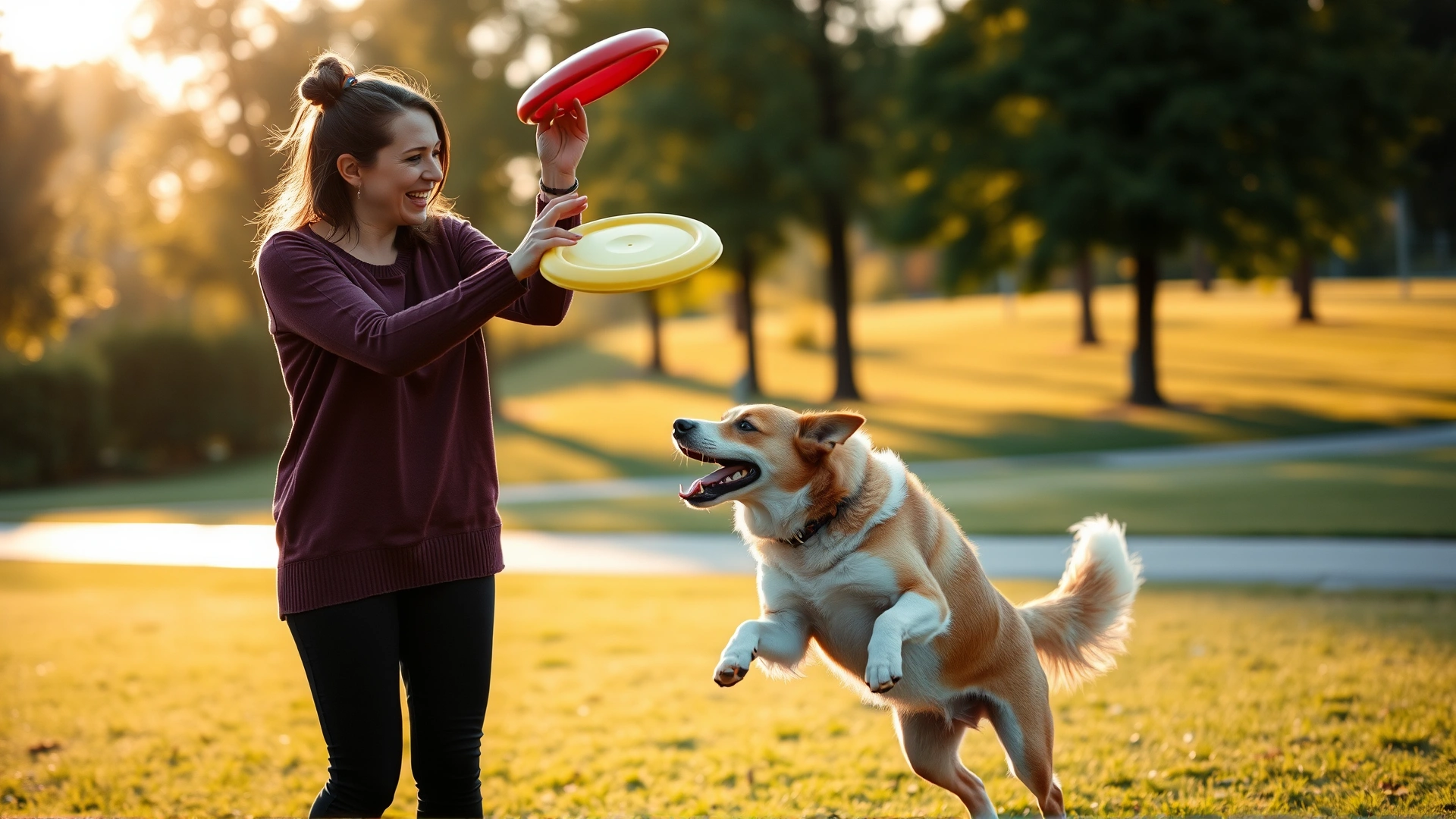 Woman throwing a frisbee to her jumping dog in a park at golden hour, both human and dog look happy.