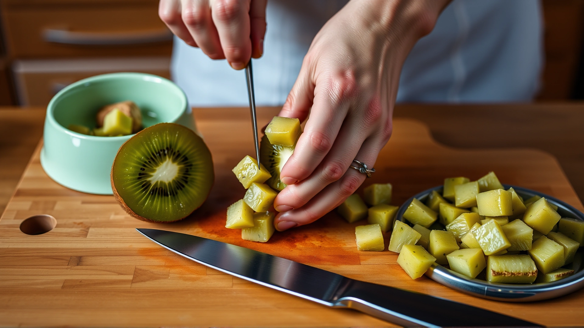 Human hands peeling and cutting a ripe kiwi into bite-size cubes on a wooden cutting board next to a dog bowl, kitchen setting, no text