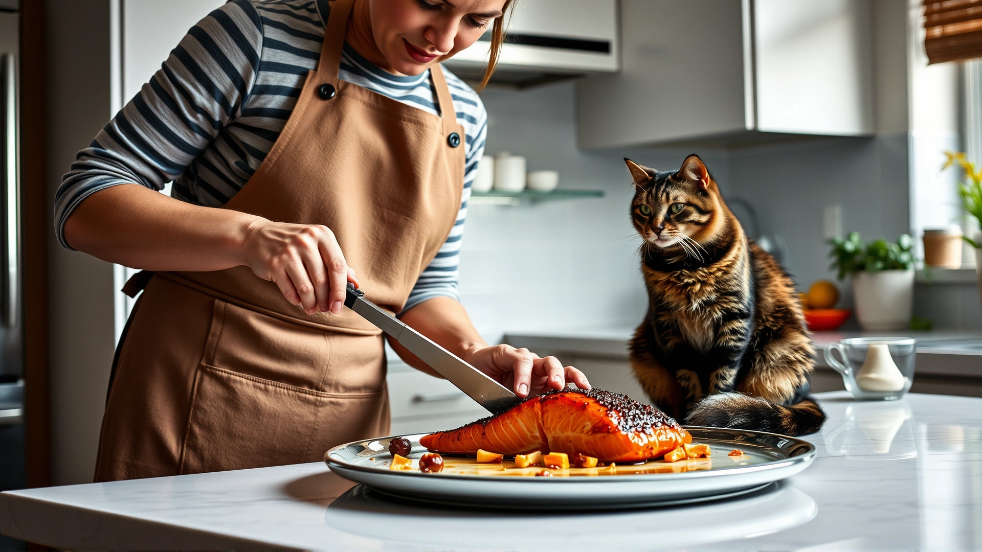 Pet owner wearing apron removing bones from cooked salmon in a modern kitchen, cat sitting on counter watching attentively