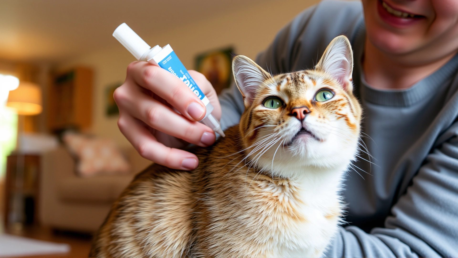 Pet owner applying a topical tick prevention treatment between the cat’s shoulder blades inside a warm, well-lit living room.