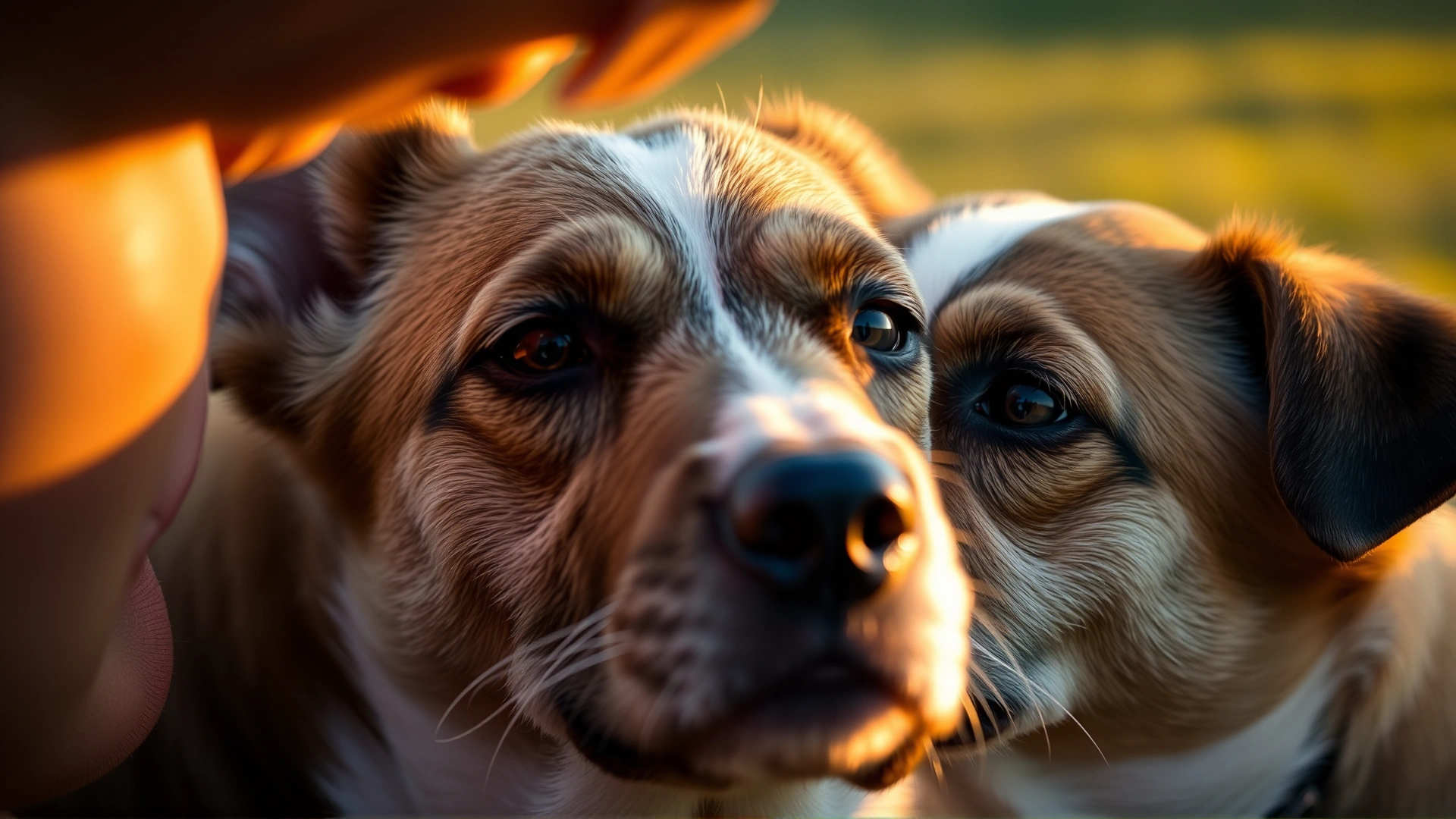 Close-up of a human face softly touching noses with their dog, both making eye contact, warm golden-hour lighting