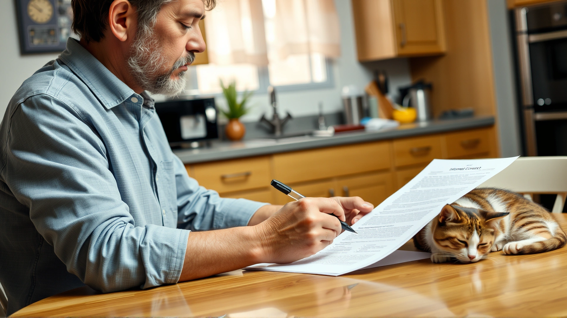 Pet owner sitting at a kitchen table reading informed consent documents with a pen, a cat sleeping beside them.
