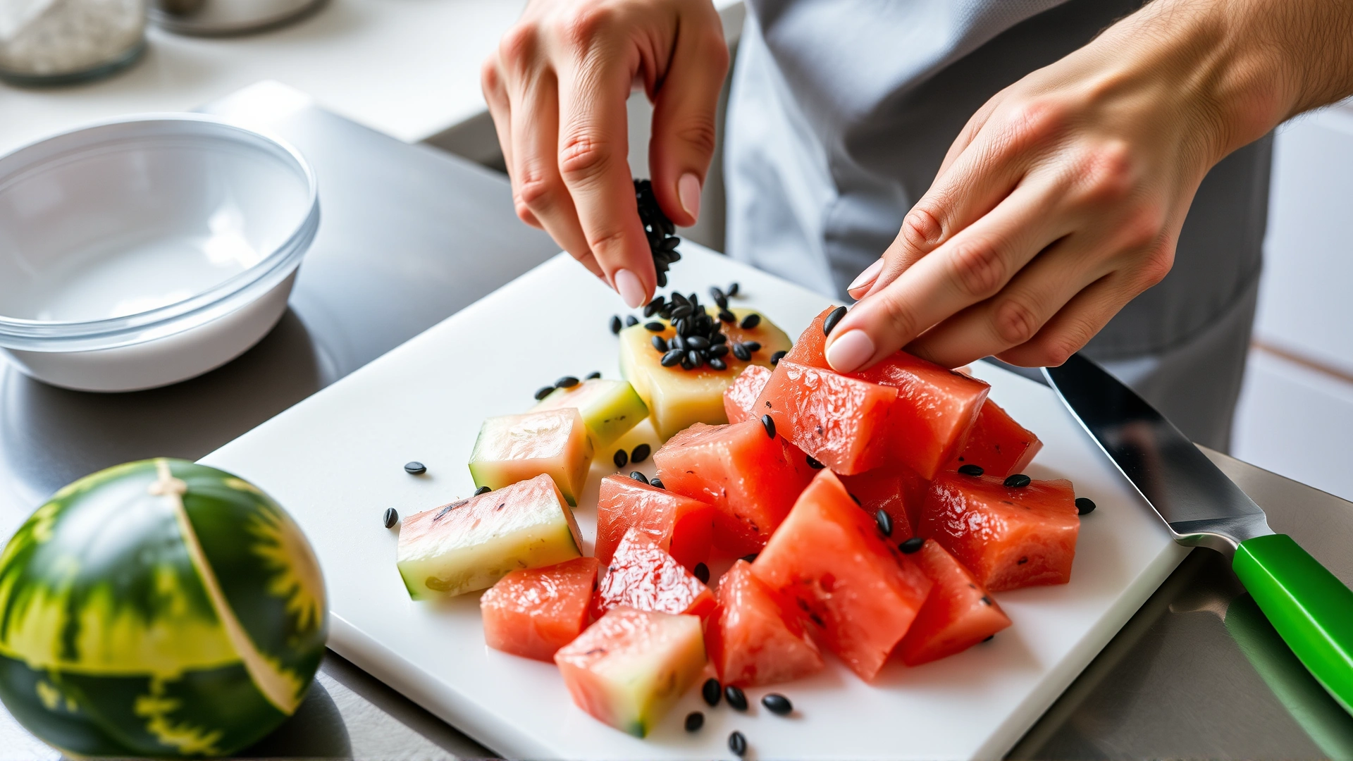 Human hands carefully removing black seeds from watermelon cubes on a cutting board, kitchen setting