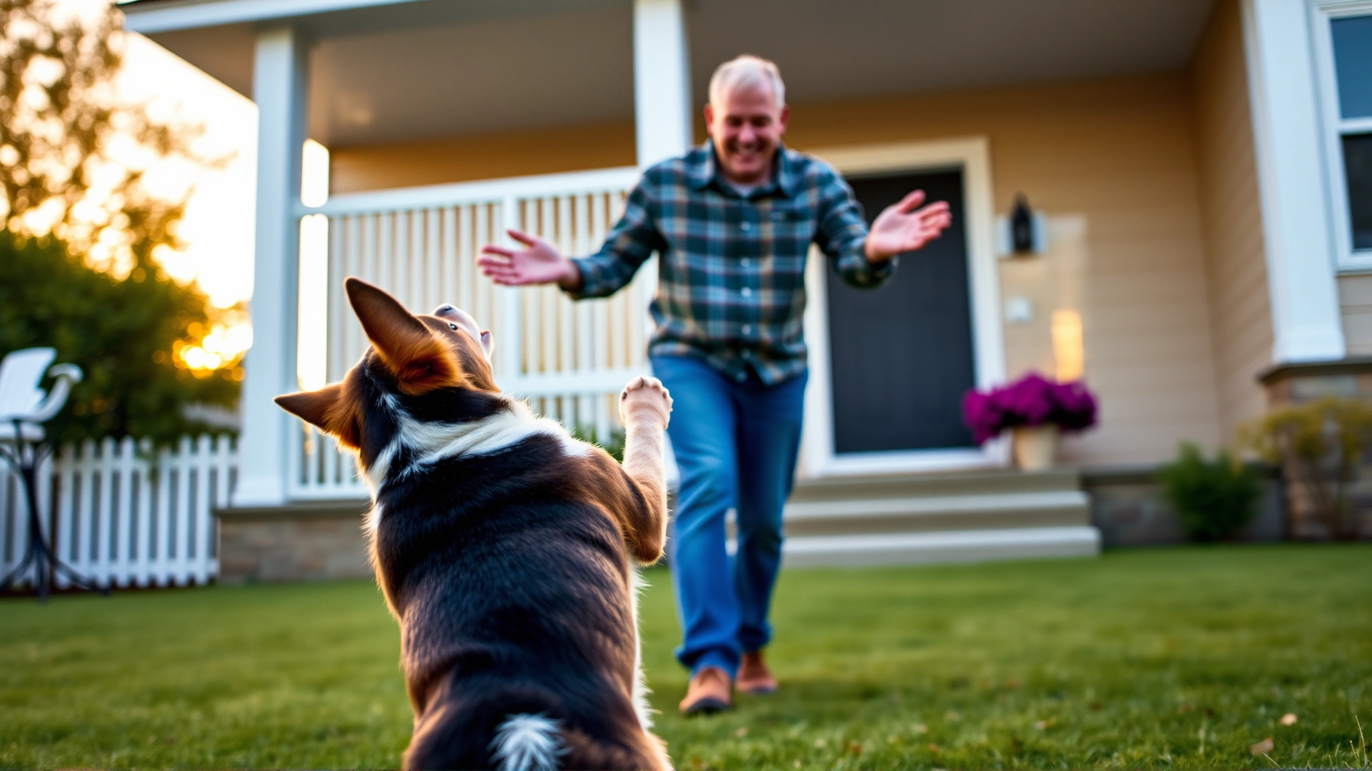 Joyful reunion scene: a dog leaping toward its owner’s open arms in front of a suburban house at sunset.